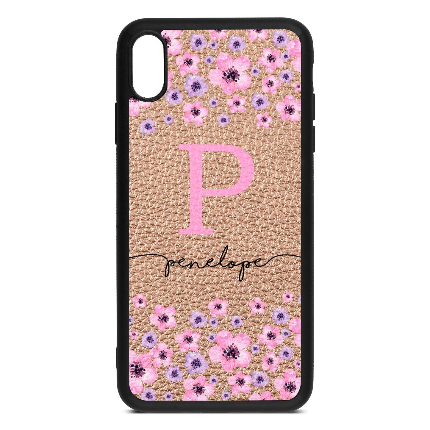 Personalised Pink Floral Rose Gold Pebble Leather iPhone Xs Max Case