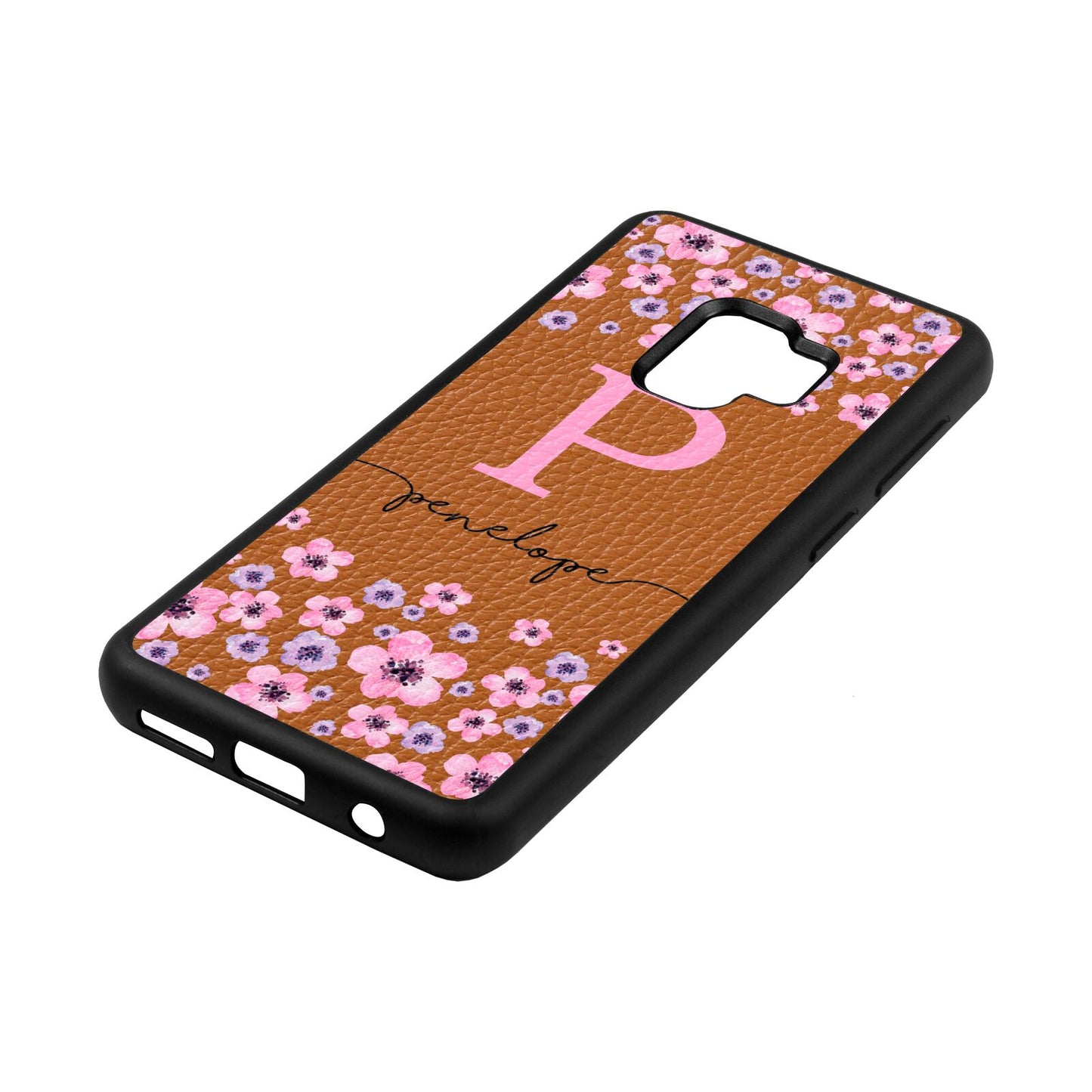 Personalised Pink Floral Tan Pebble Leather Samsung S9 Case Side Angle