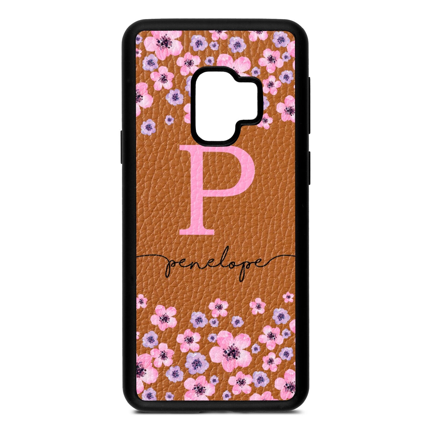 Personalised Pink Floral Tan Pebble Leather Samsung S9 Case