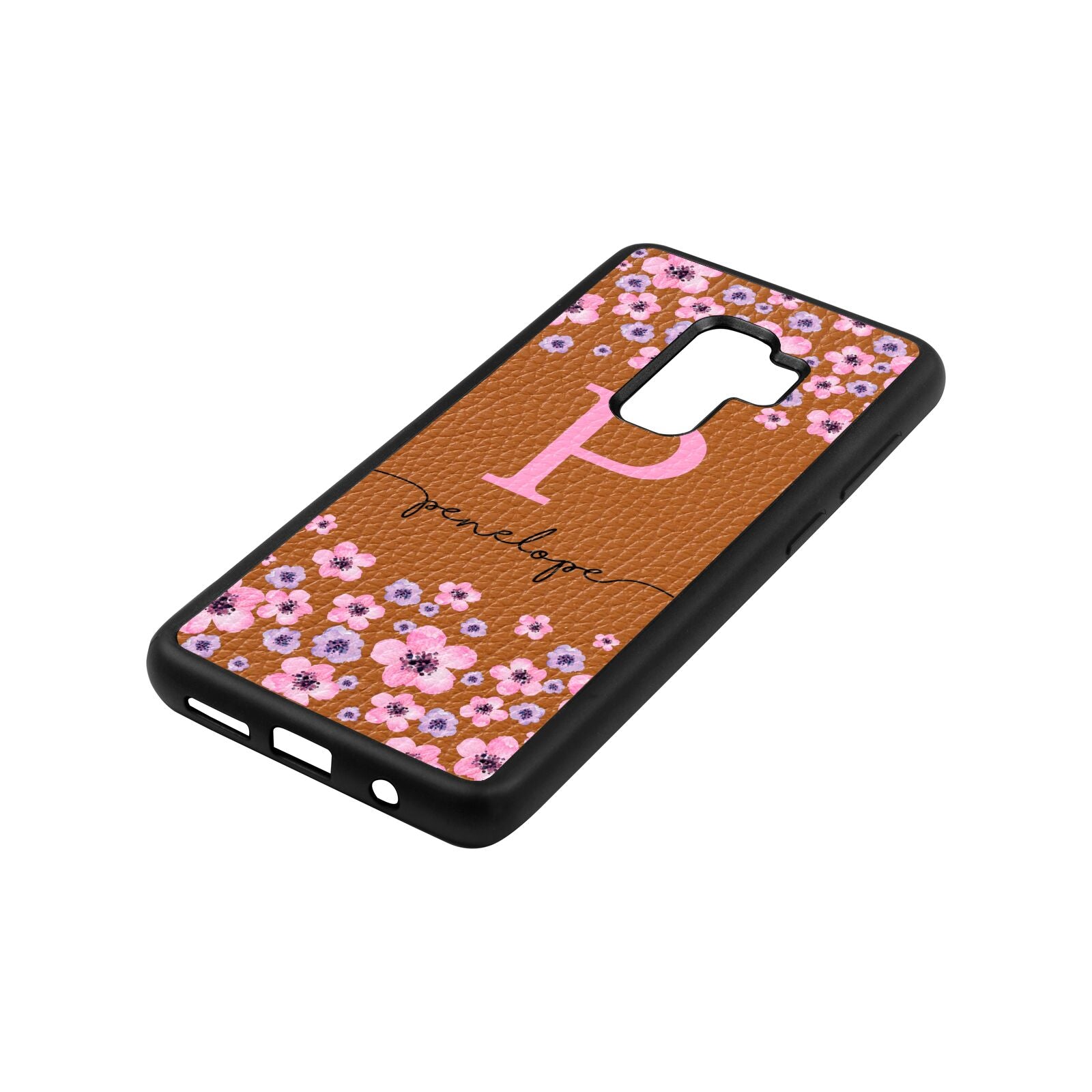 Personalised Pink Floral Tan Pebble Leather Samsung S9 Plus Case Side Angle