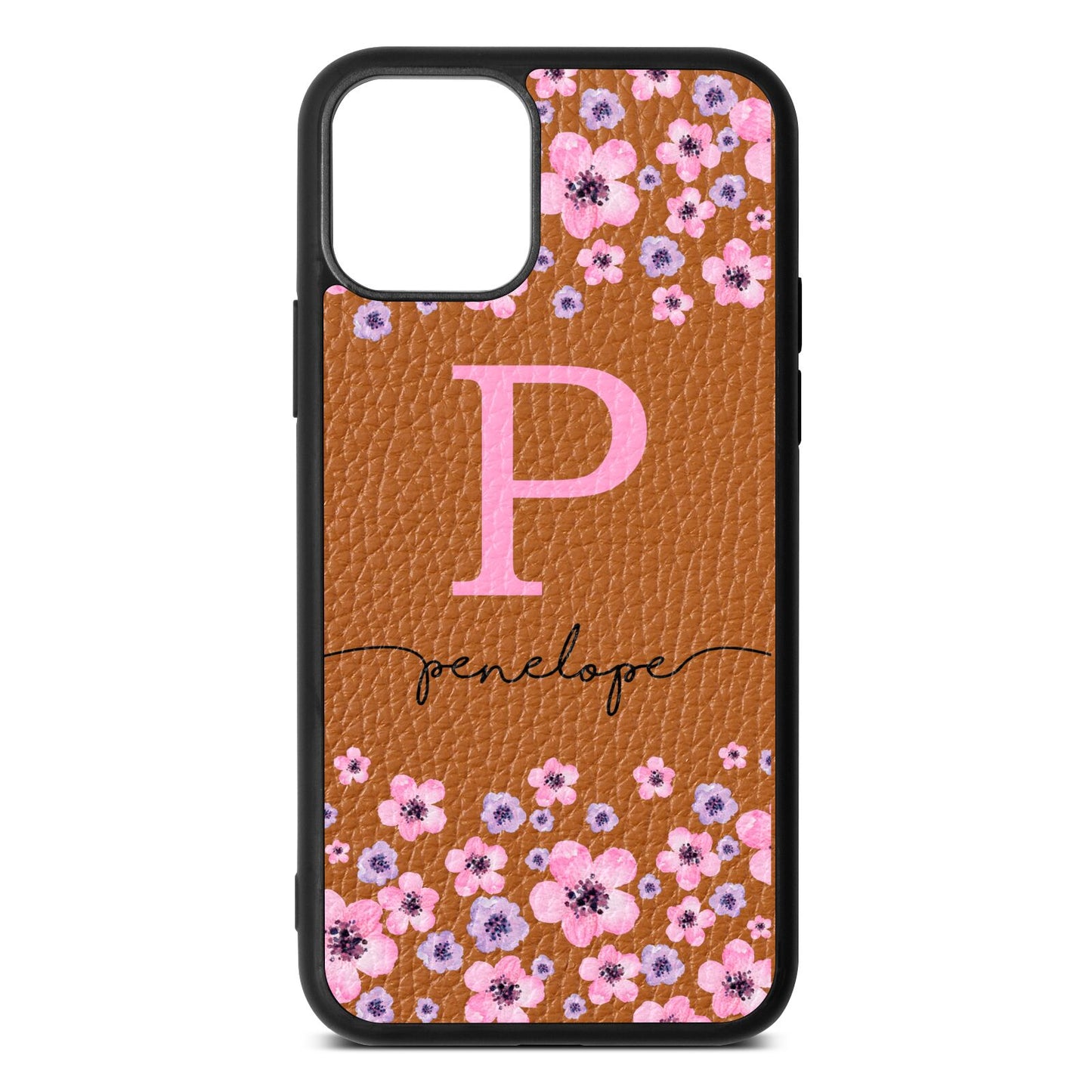 Personalised Pink Floral Tan Pebble Leather iPhone 11 Case