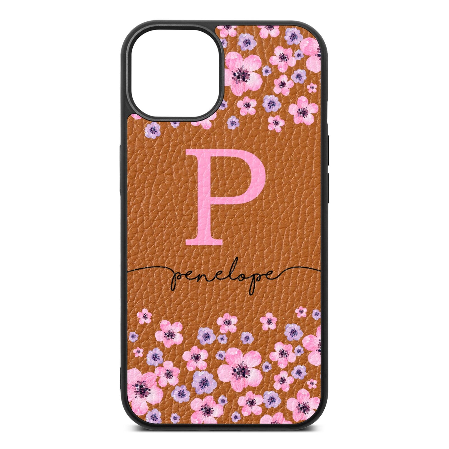 Personalised Pink Floral Tan Pebble Leather iPhone 13 Case