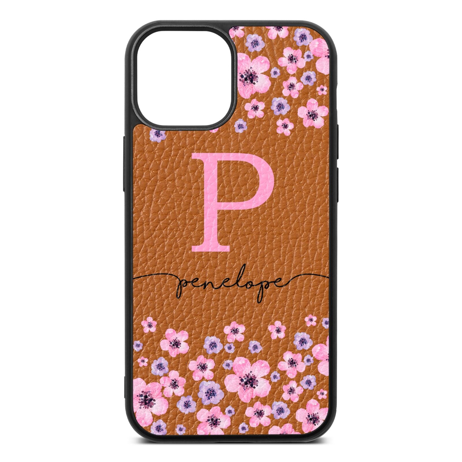 Personalised Pink Floral Tan Pebble Leather iPhone 13 Mini Case