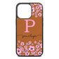Personalised Pink Floral Tan Pebble Leather iPhone 13 Pro Case
