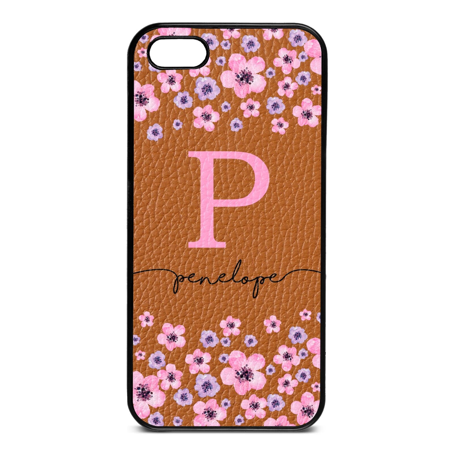 Personalised Pink Floral Tan Pebble Leather iPhone 5 Case