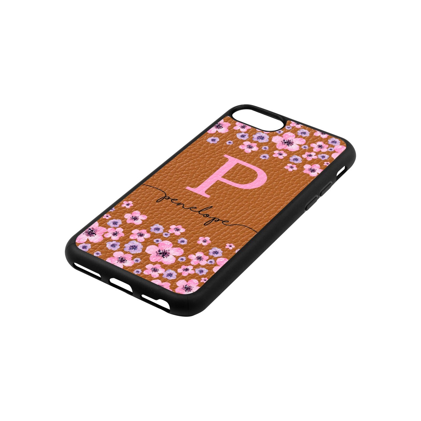 Personalised Pink Floral Tan Pebble Leather iPhone 8 Case Side Angle
