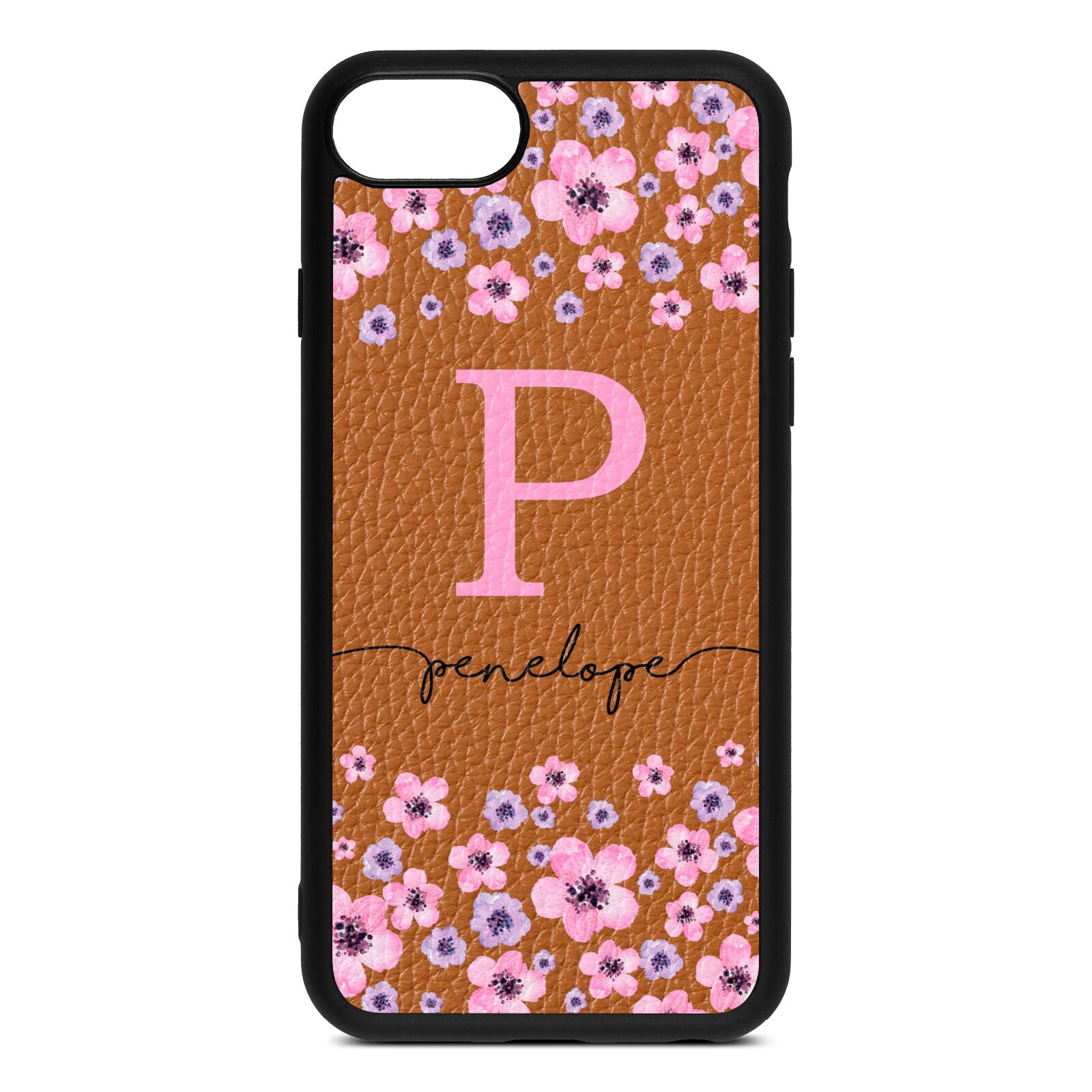 Personalised Pink Floral Tan Pebble Leather iPhone 8 Case