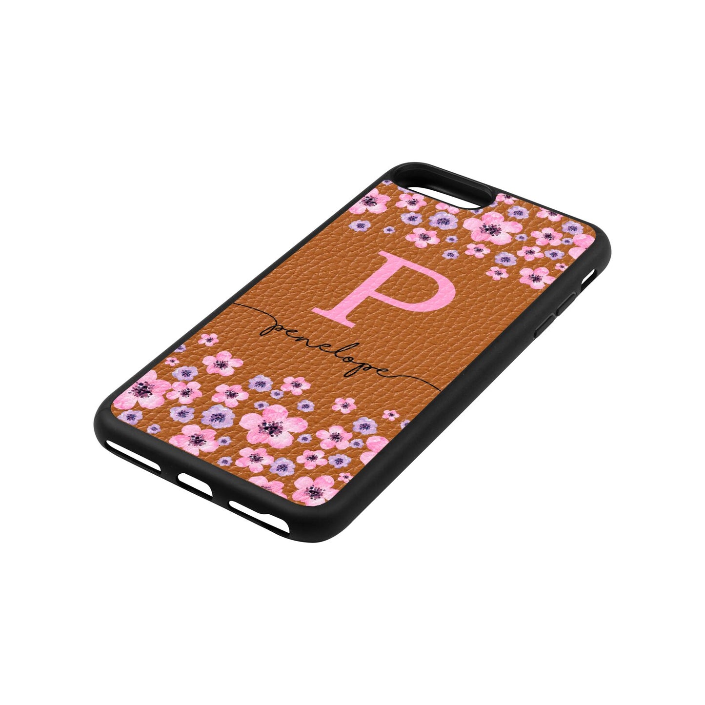 Personalised Pink Floral Tan Pebble Leather iPhone 8 Plus Case Side Angle