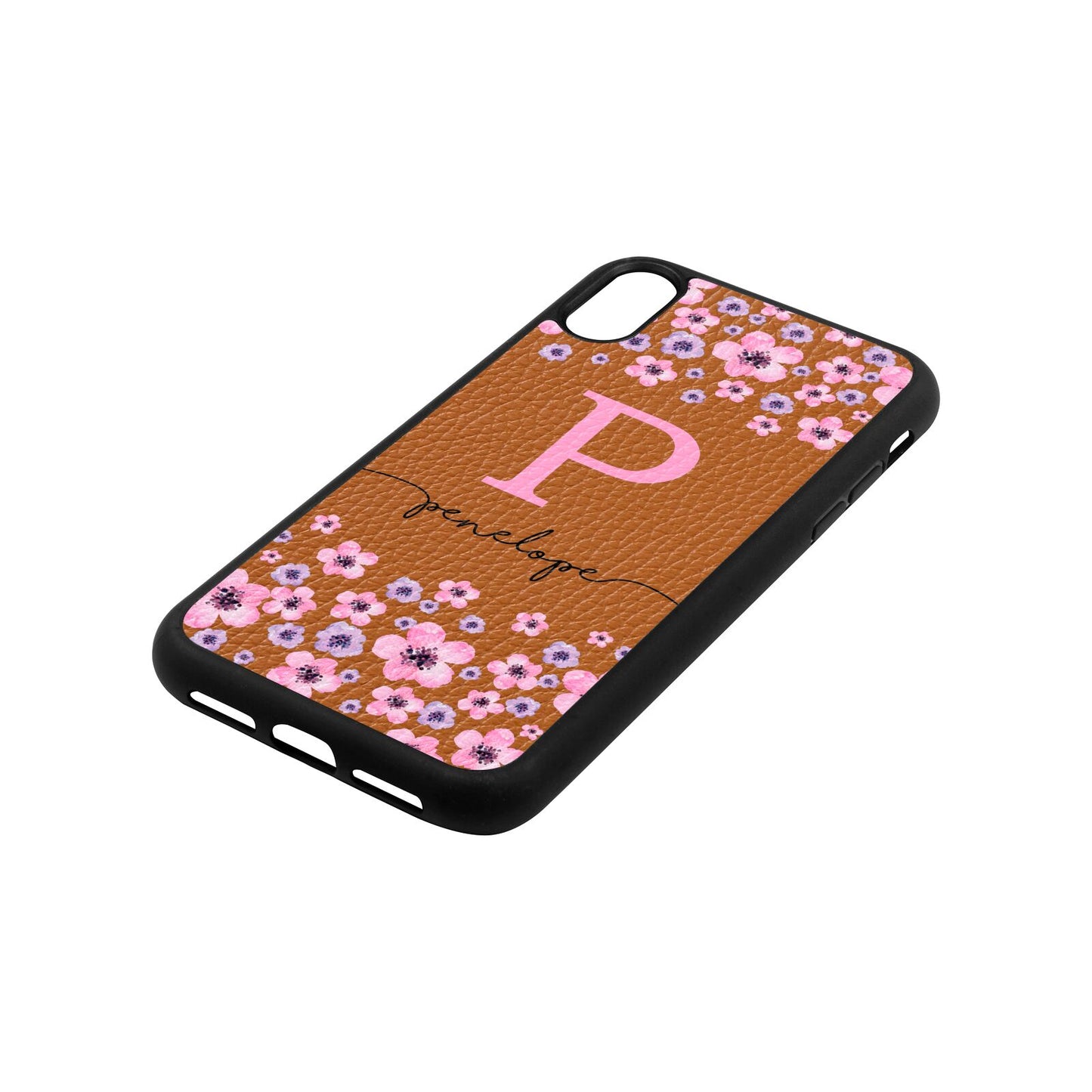 Personalised Pink Floral Tan Pebble Leather iPhone Xr Case Side Angle
