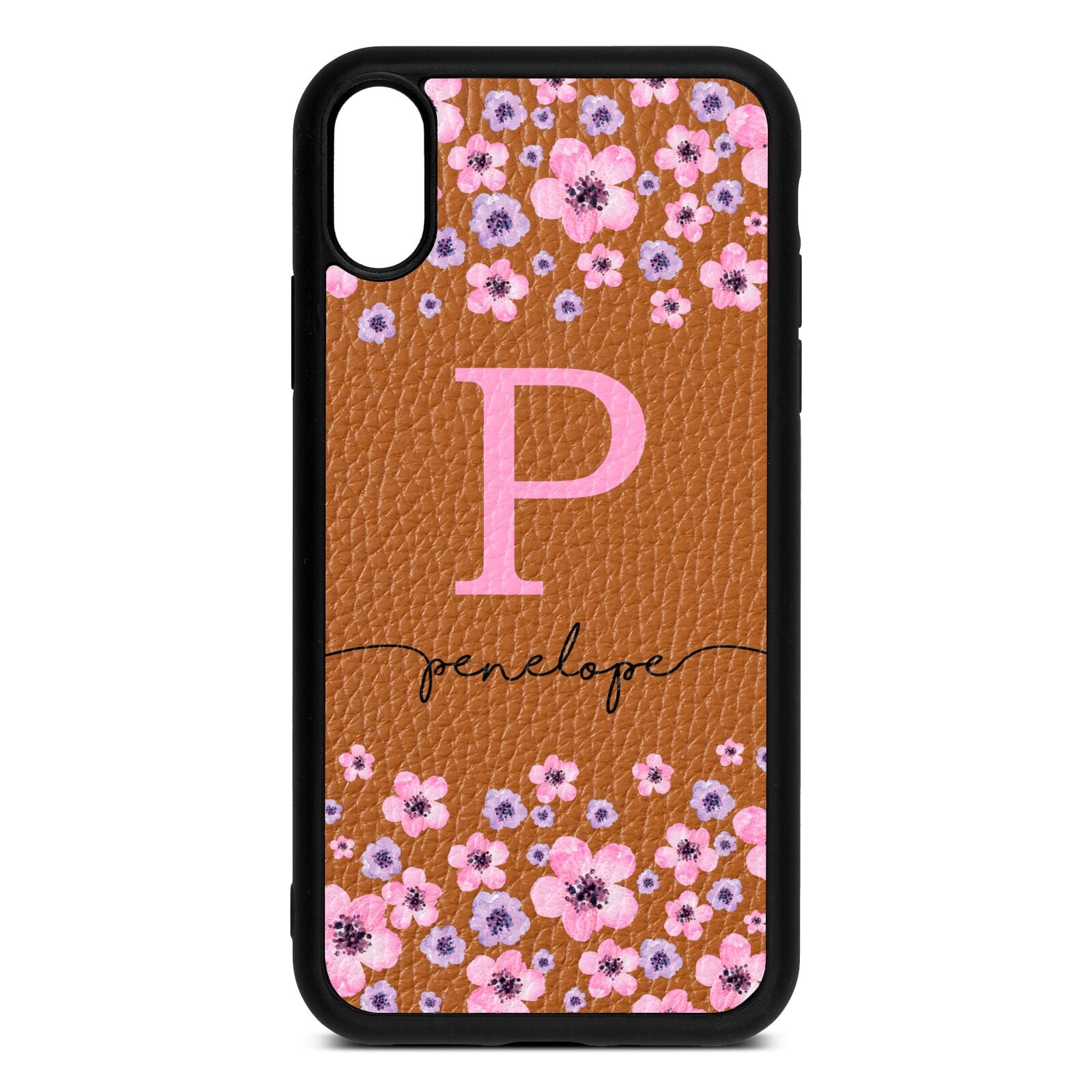 Personalised Pink Floral Tan Pebble Leather iPhone Xr Case