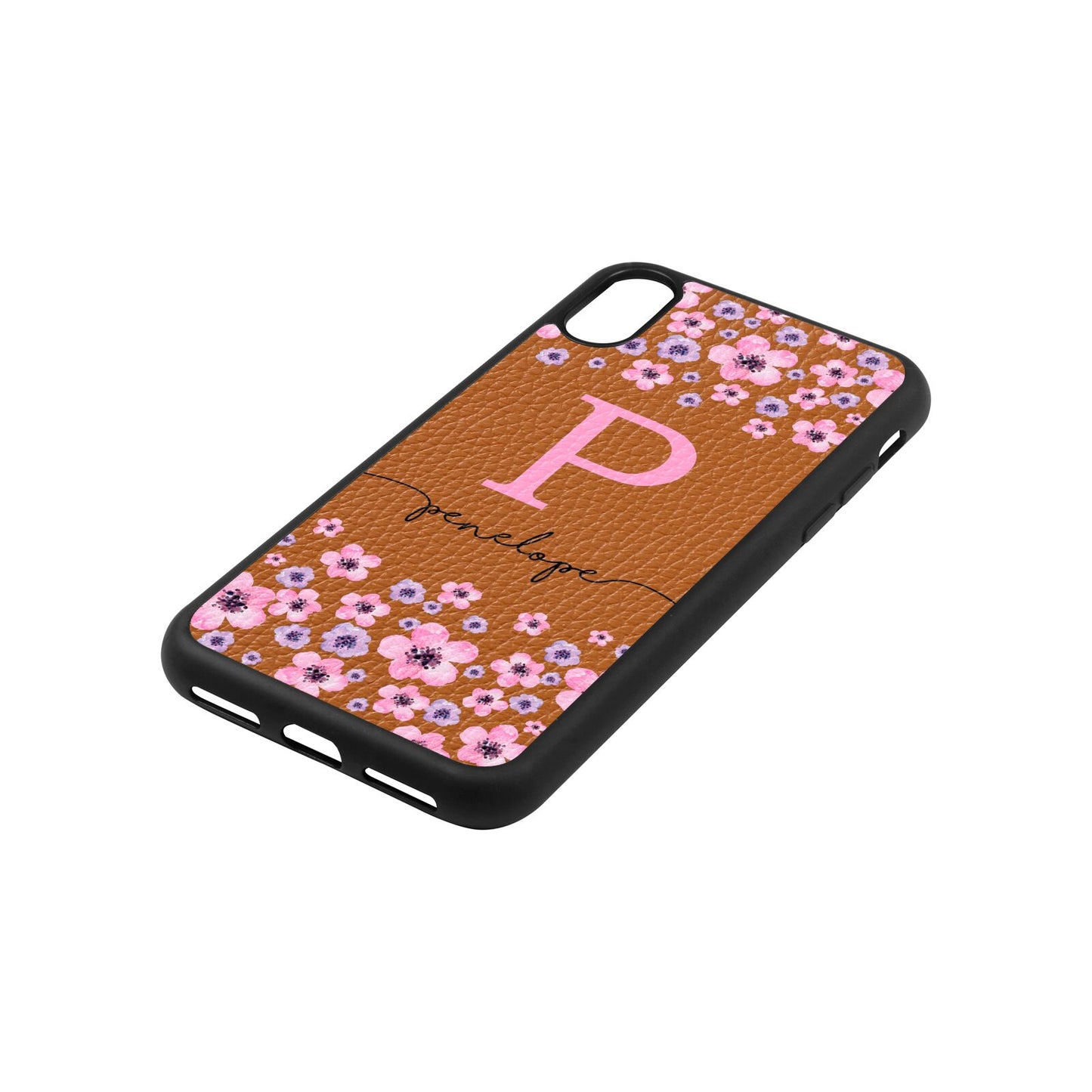 Personalised Pink Floral Tan Pebble Leather iPhone Xs Case Side Angle