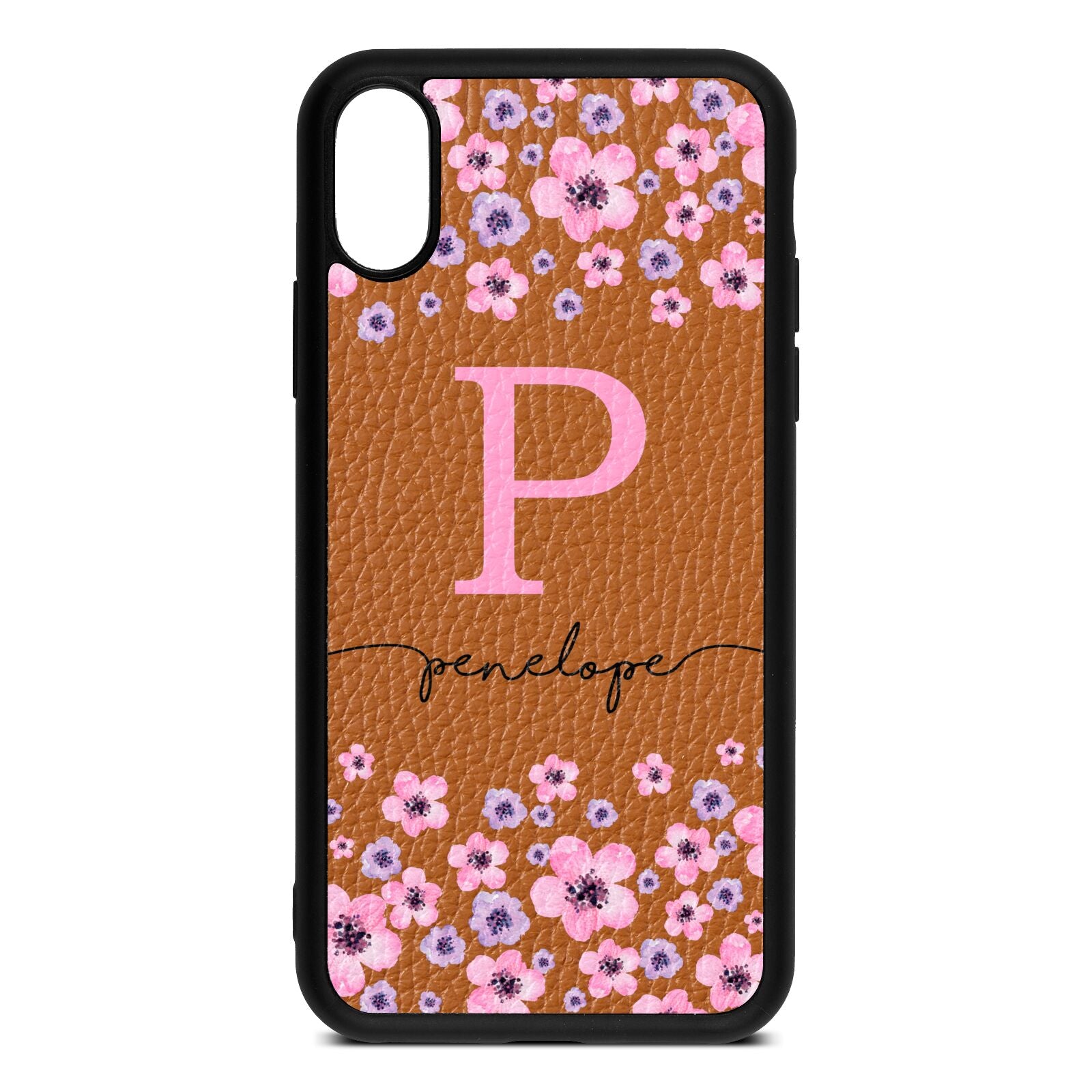 Personalised Pink Floral Tan Pebble Leather iPhone Xs Case