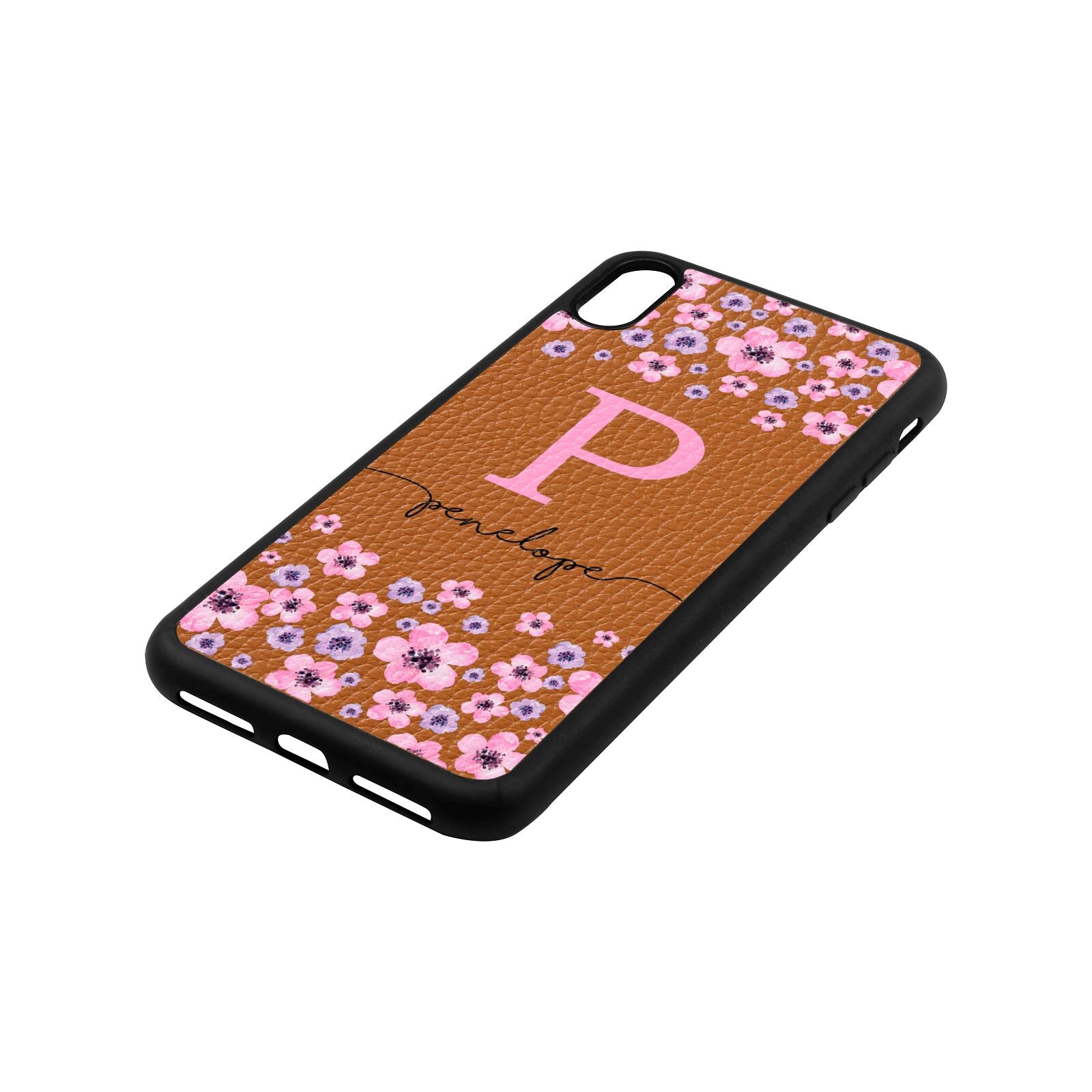 Personalised Pink Floral Tan Pebble Leather iPhone Xs Max Case Side Angle