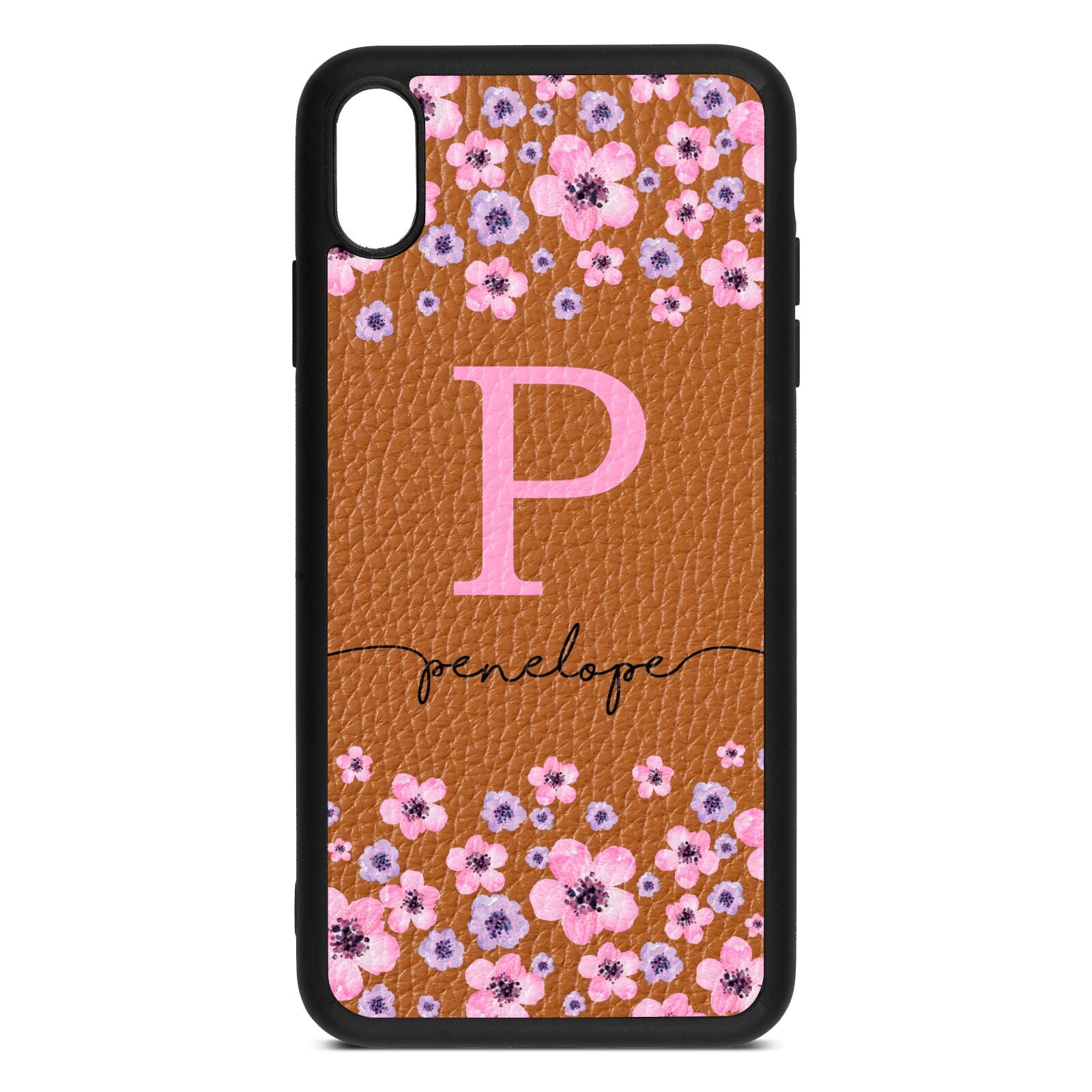 Personalised Pink Floral Tan Pebble Leather iPhone Xs Max Case