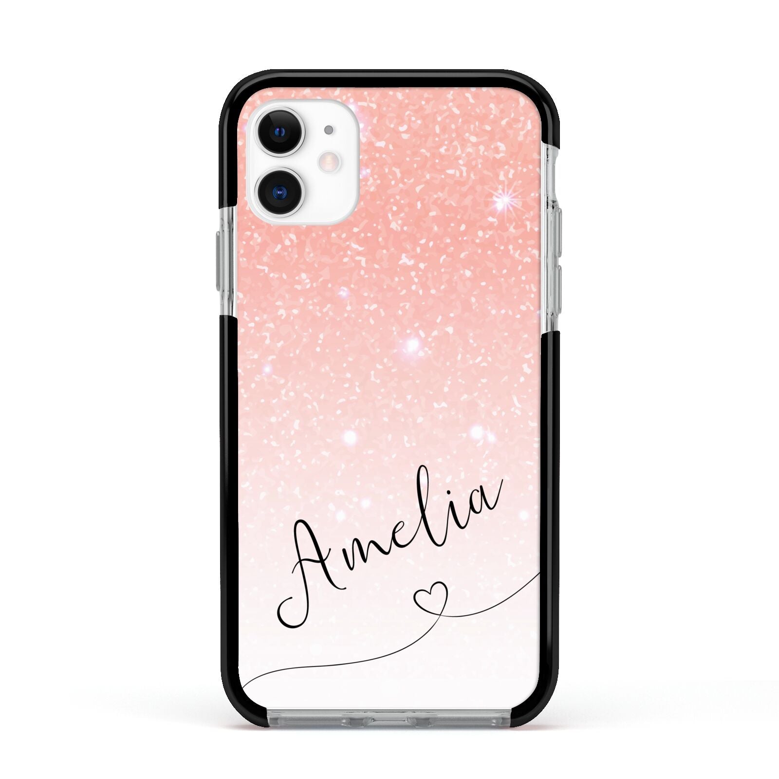 Personalised Pink Glitter Fade with Black Text Apple iPhone 11 in White with Black Impact Case
