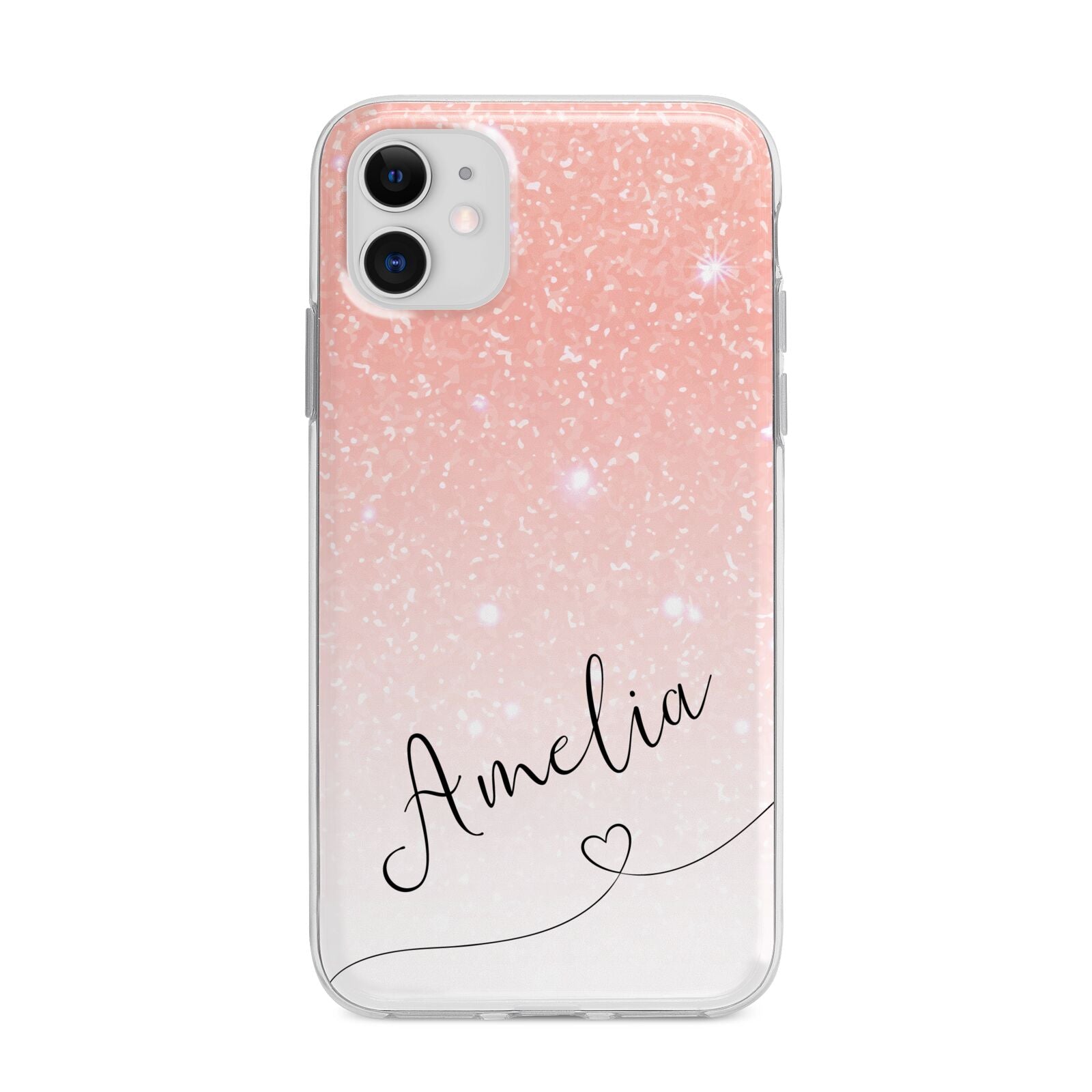 Personalised Pink Glitter Fade with Black Text Apple iPhone 11 in White with Bumper Case