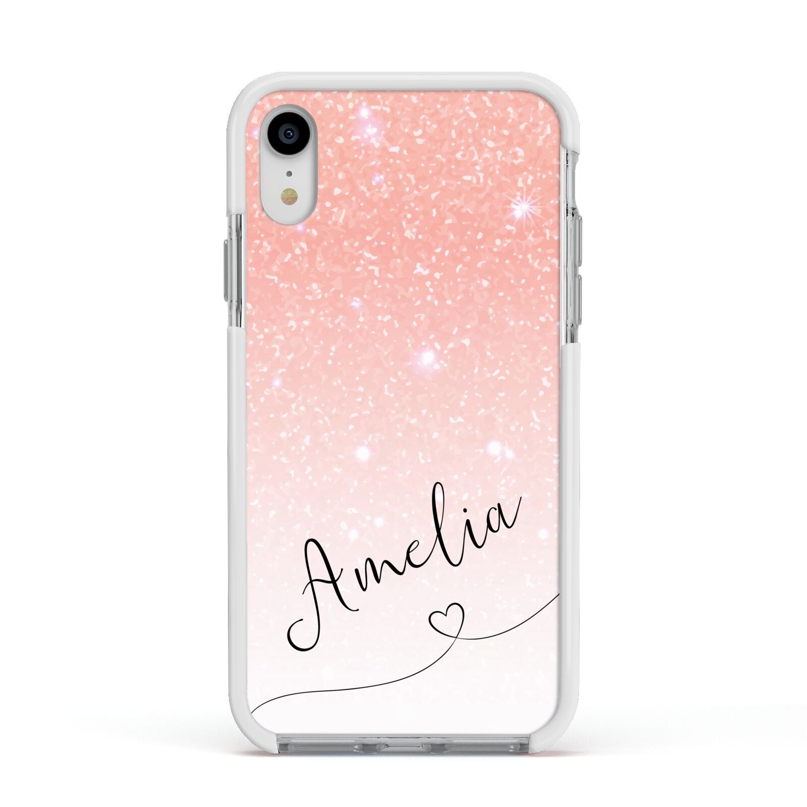 Personalised Pink Glitter Fade with Black Text Apple iPhone XR Impact Case White Edge on Silver Phone