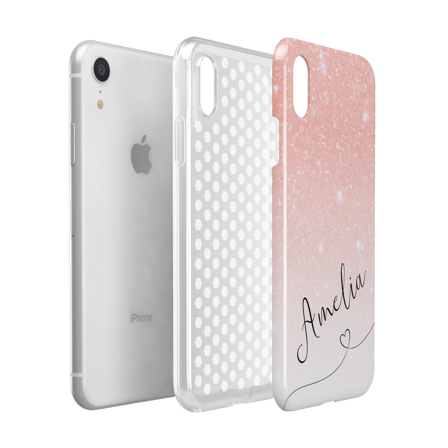 Personalised Pink Glitter Fade with Black Text Apple iPhone XR White 3D Tough Case Expanded view