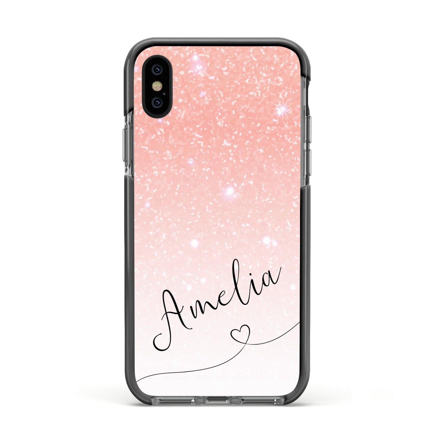 Personalised Pink Glitter Fade with Black Text Apple iPhone Xs Impact Case Black Edge on Black Phone