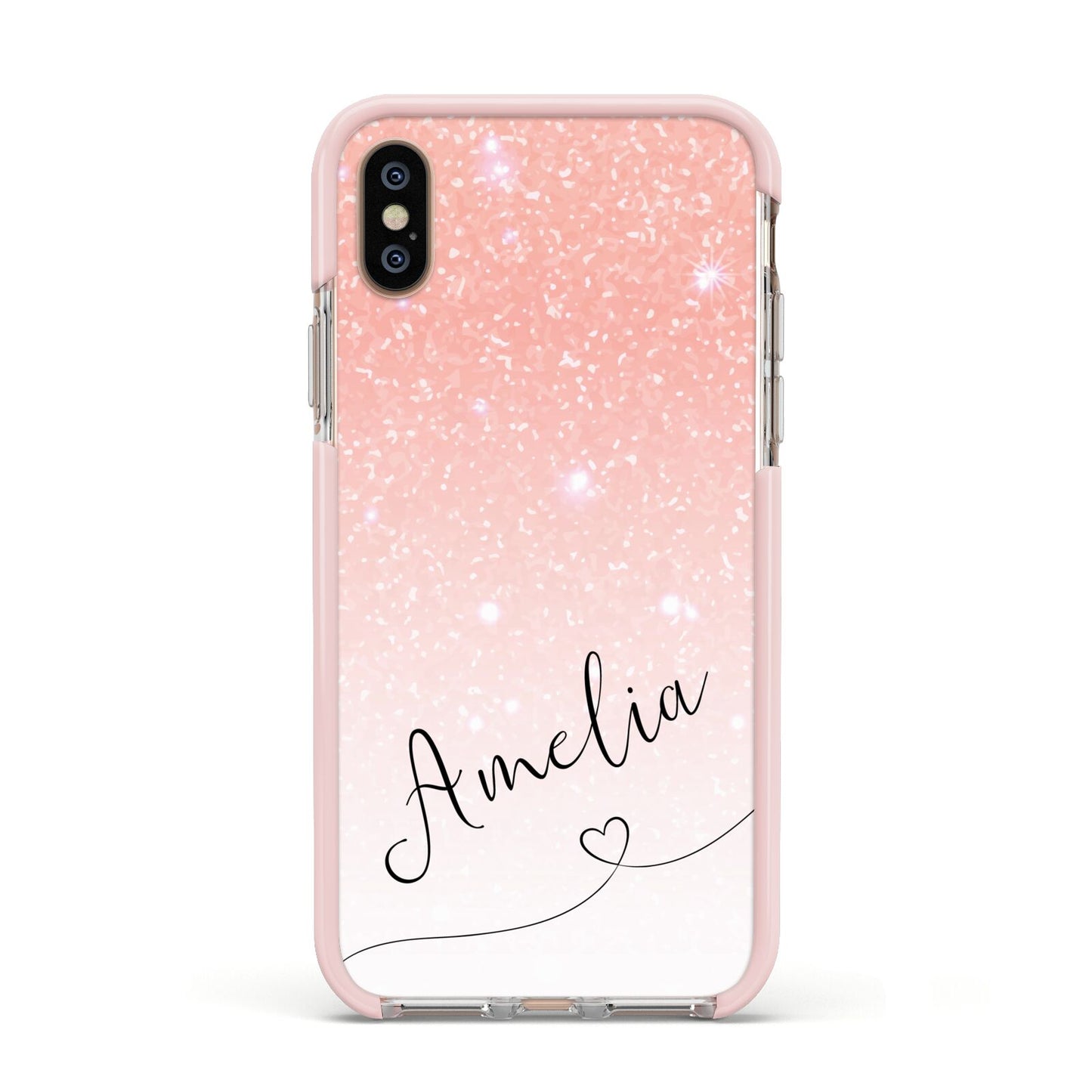 Personalised Pink Glitter Fade with Black Text Apple iPhone Xs Impact Case Pink Edge on Gold Phone