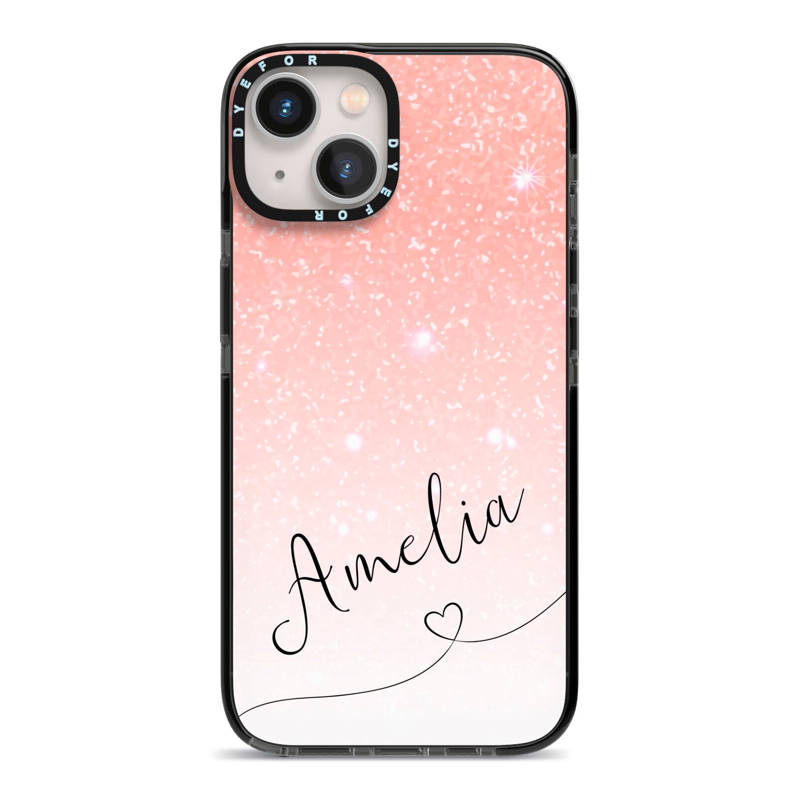 Personalised Pink Glitter Fade with Black Text iPhone 13 Black Impact Case on Silver phone