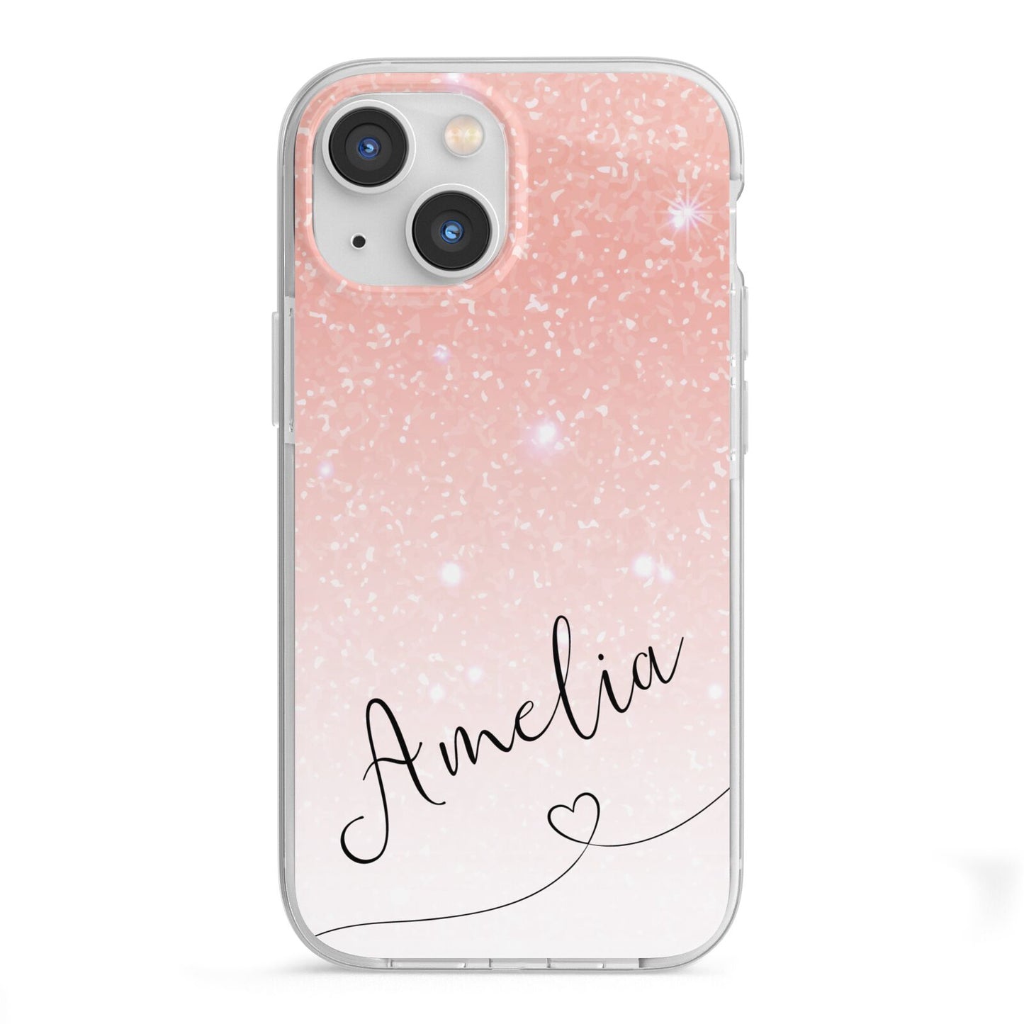 Personalised Pink Glitter Fade with Black Text iPhone 13 Mini TPU Impact Case with White Edges