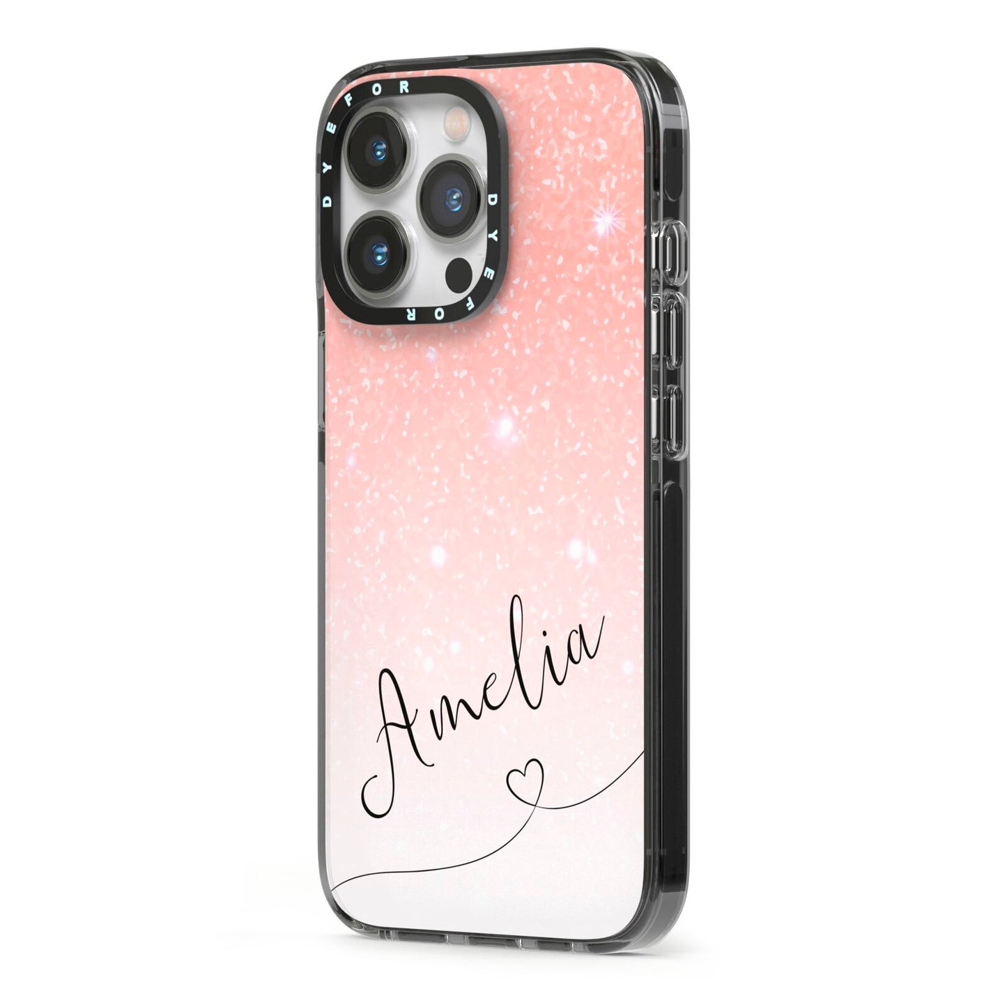 Personalised Pink Glitter Fade with Black Text iPhone 13 Pro Black Impact Case Side Angle on Silver phone