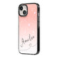 Personalised Pink Glitter Fade with Black Text iPhone 14 Black Impact Case Side Angle on Silver phone