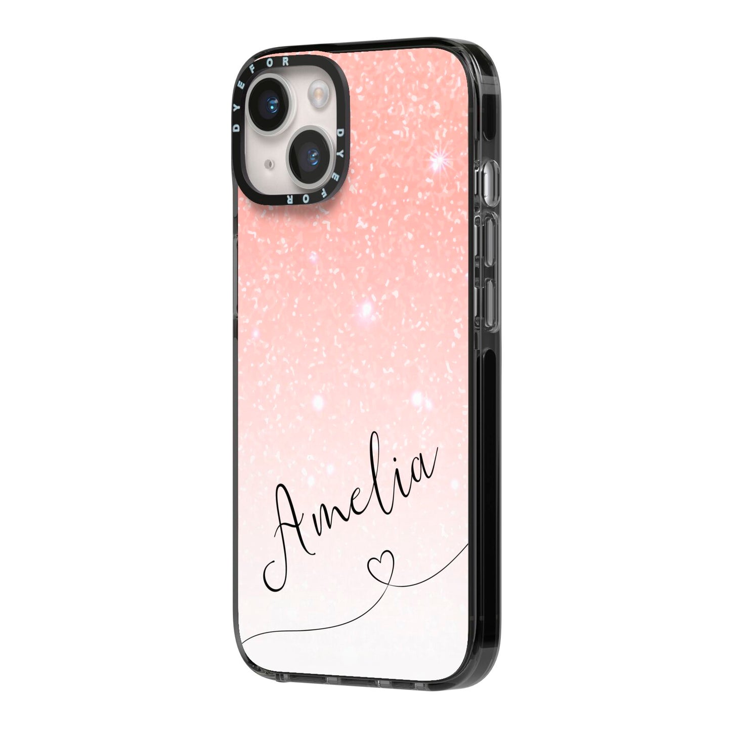 Personalised Pink Glitter Fade with Black Text iPhone 14 Black Impact Case Side Angle on Silver phone