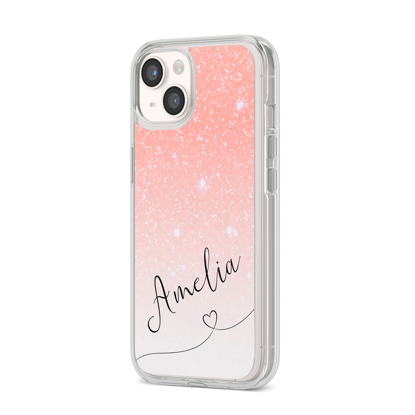 Personalised Pink Glitter Fade with Black Text iPhone 14 Clear Tough Case Starlight Angled Image