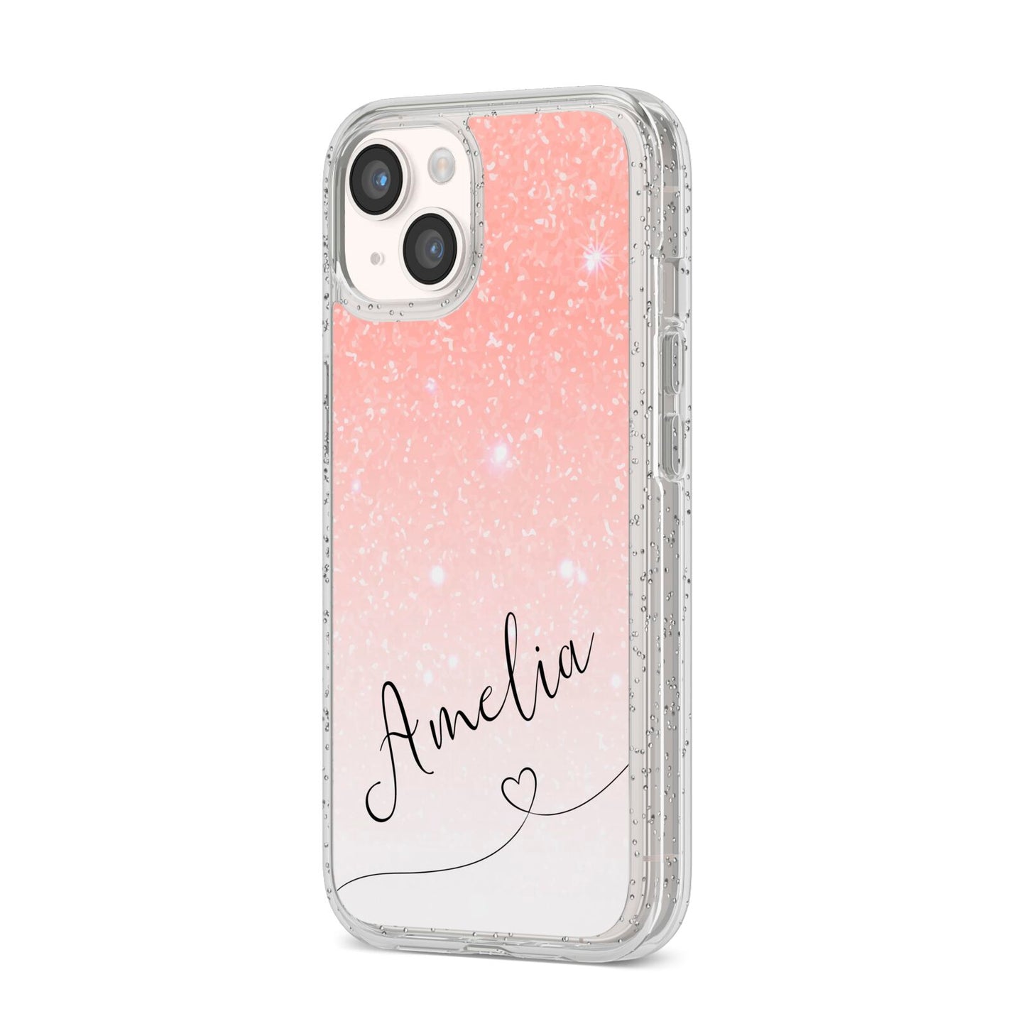 Personalised Pink Glitter Fade with Black Text iPhone 14 Glitter Tough Case Starlight Angled Image