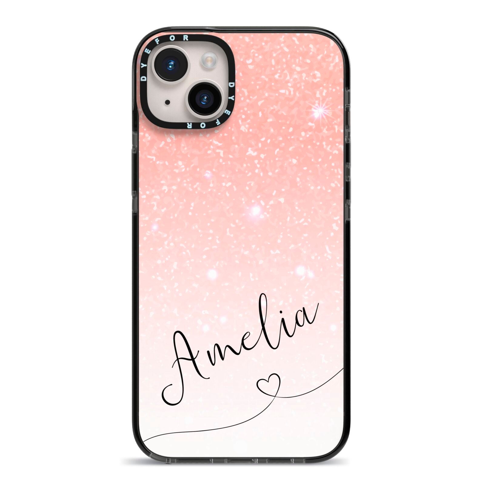 Personalised Pink Glitter Fade with Black Text iPhone 14 Plus Black Impact Case on Silver phone