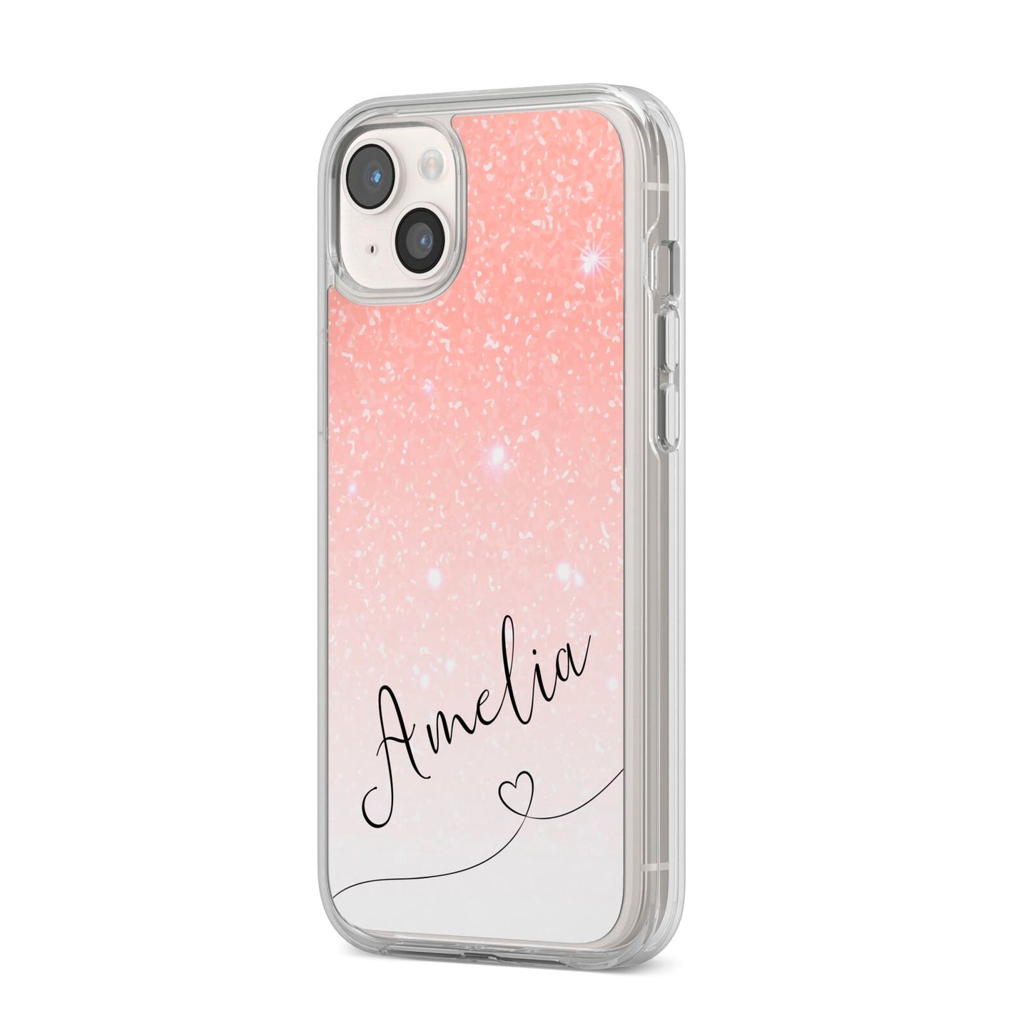 Personalised Pink Glitter Fade with Black Text iPhone 14 Plus Clear Tough Case Starlight Angled Image
