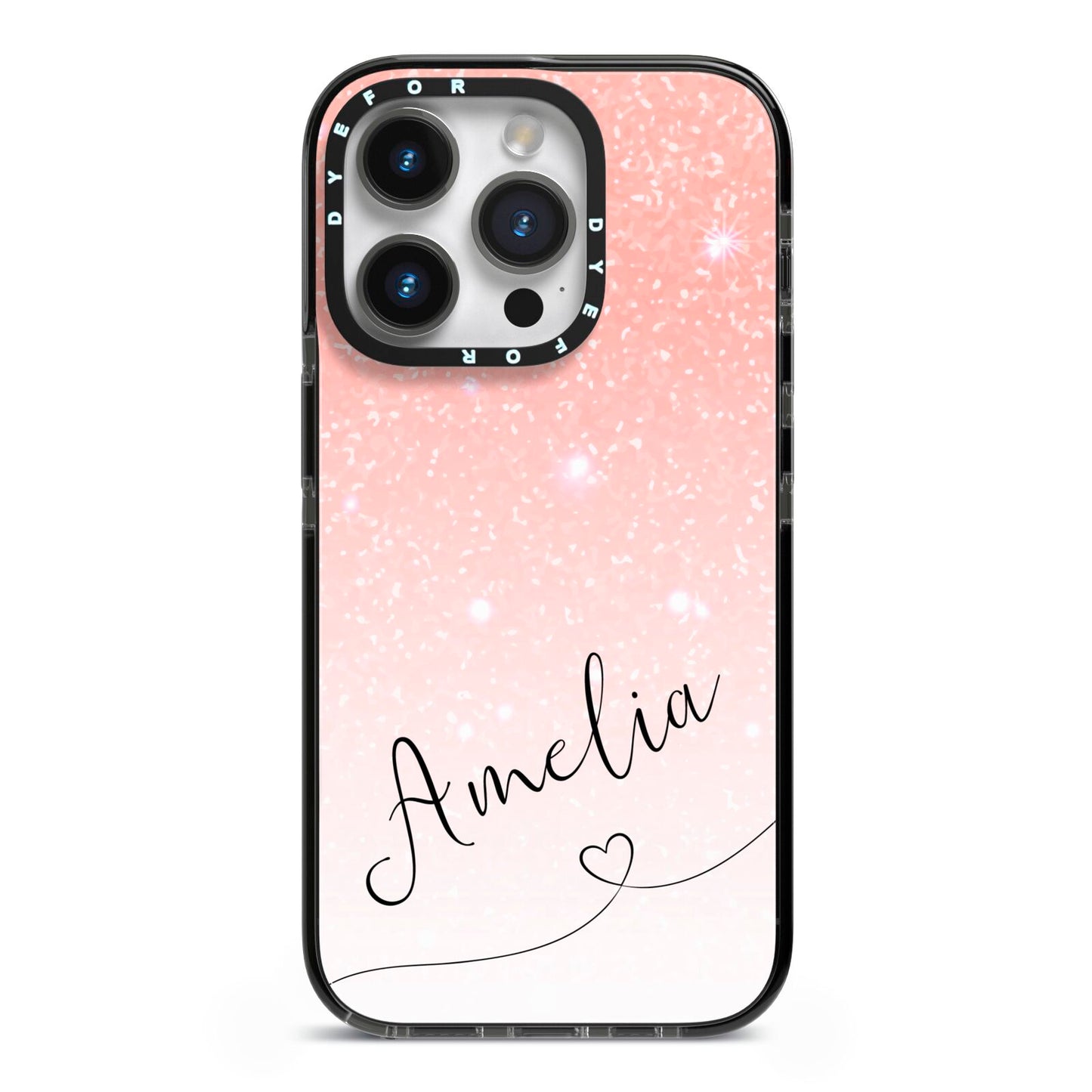 Personalised Pink Glitter Fade with Black Text iPhone 14 Pro Black Impact Case on Silver phone