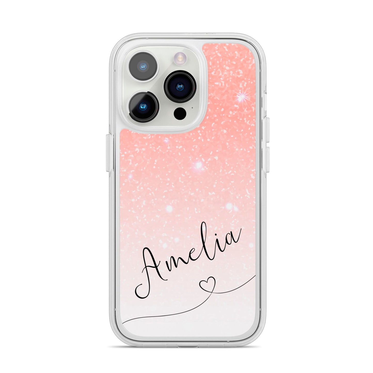 Personalised Pink Glitter Fade with Black Text iPhone 14 Pro Clear Tough Case Silver