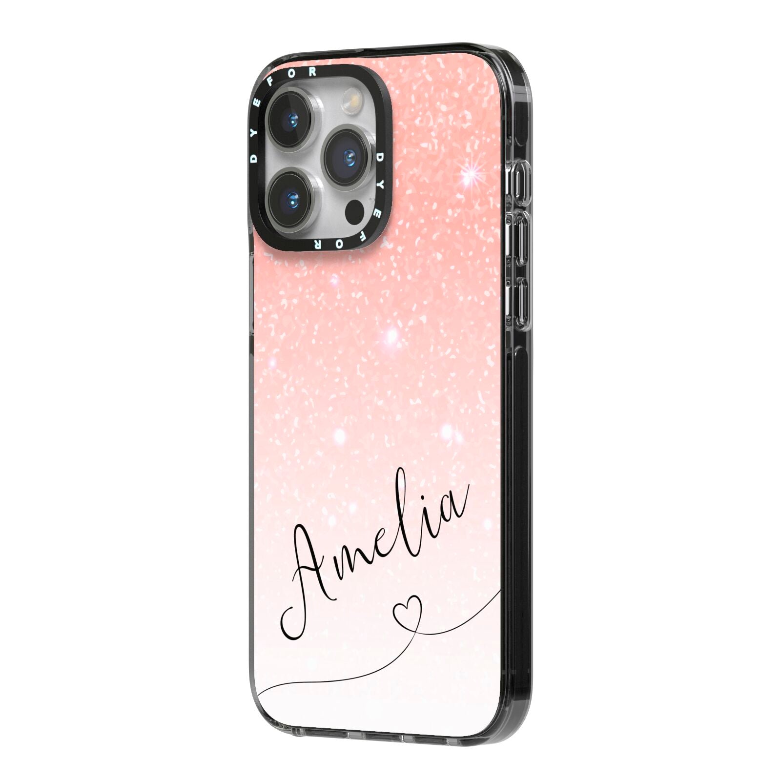 Personalised Pink Glitter Fade with Black Text iPhone 14 Pro Max Black Impact Case Side Angle on Silver phone