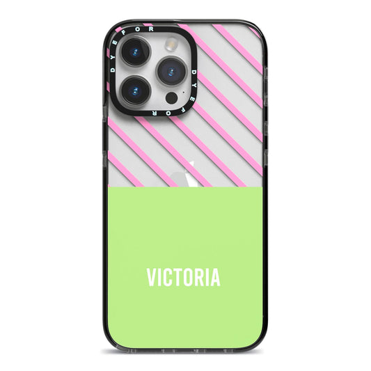 Personalised Pink Green Striped iPhone 14 Pro Max Black Impact Case on Silver phone