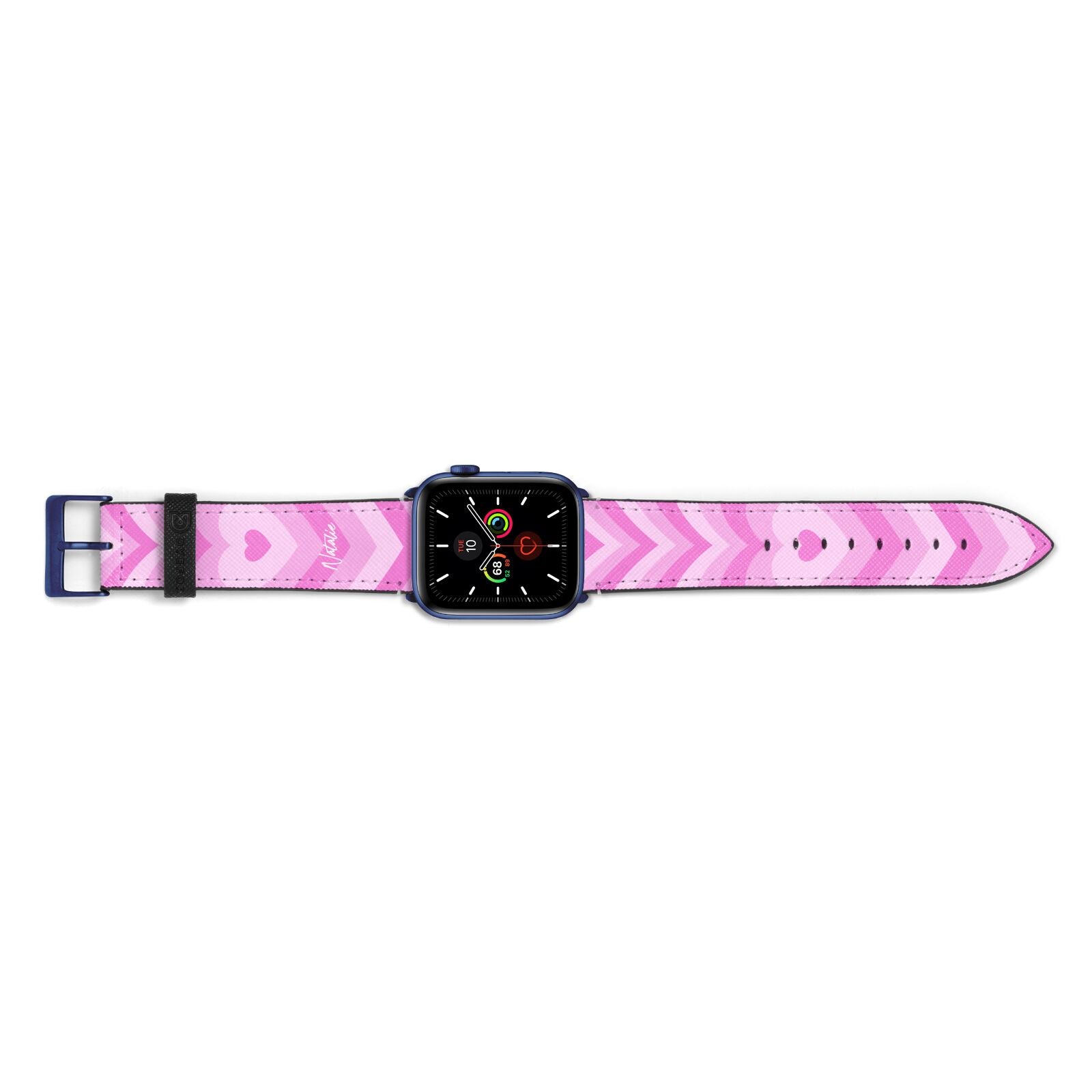 Personalised Pink Heart Apple Watch Strap Landscape Image Blue Hardware