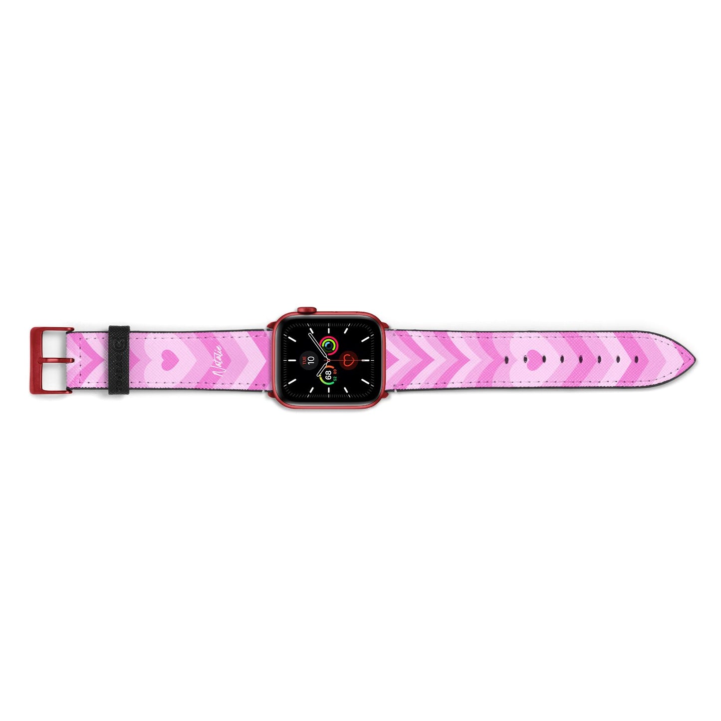 Personalised Pink Heart Apple Watch Strap Landscape Image Red Hardware