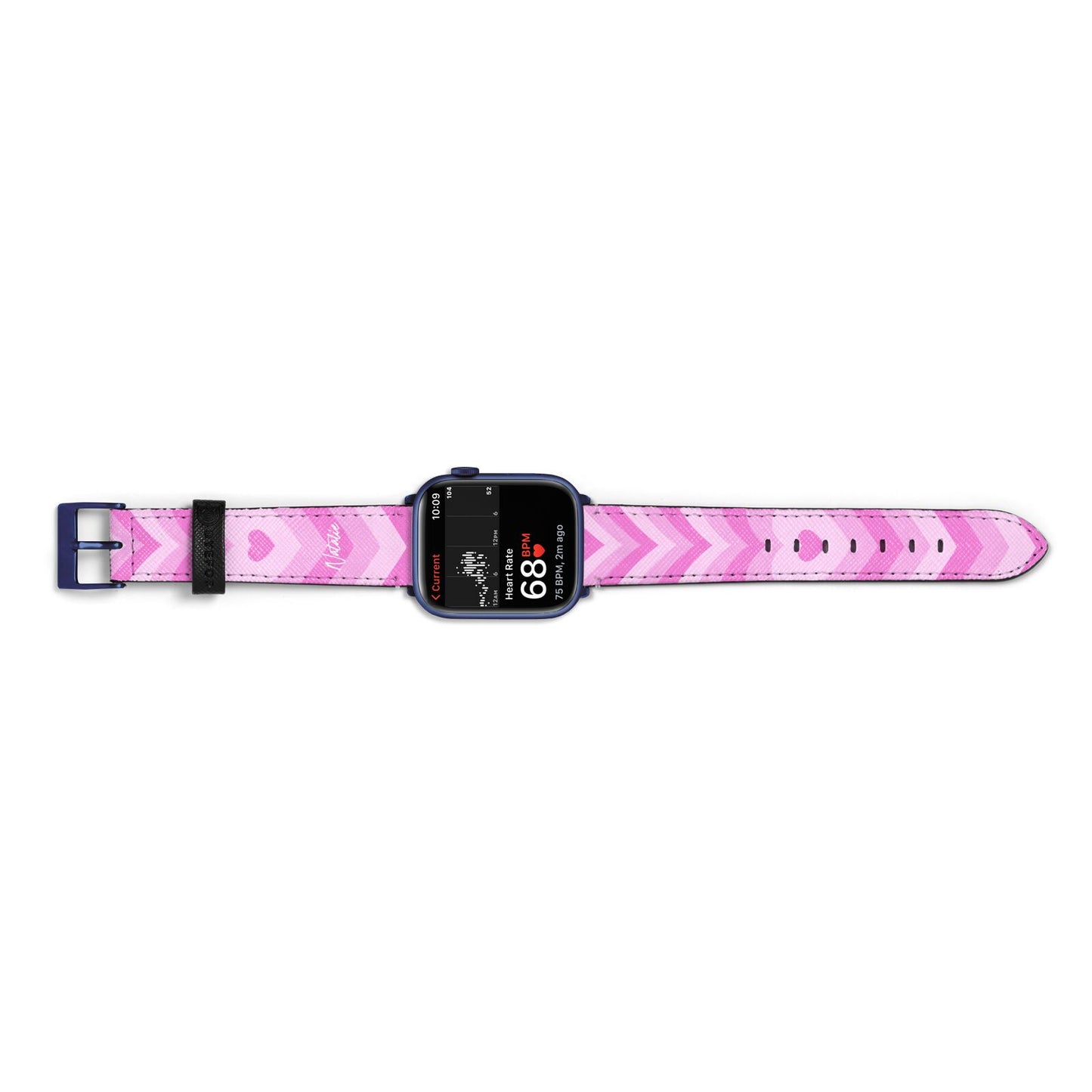 Personalised Pink Heart Apple Watch Strap Size 38mm Landscape Image Blue Hardware
