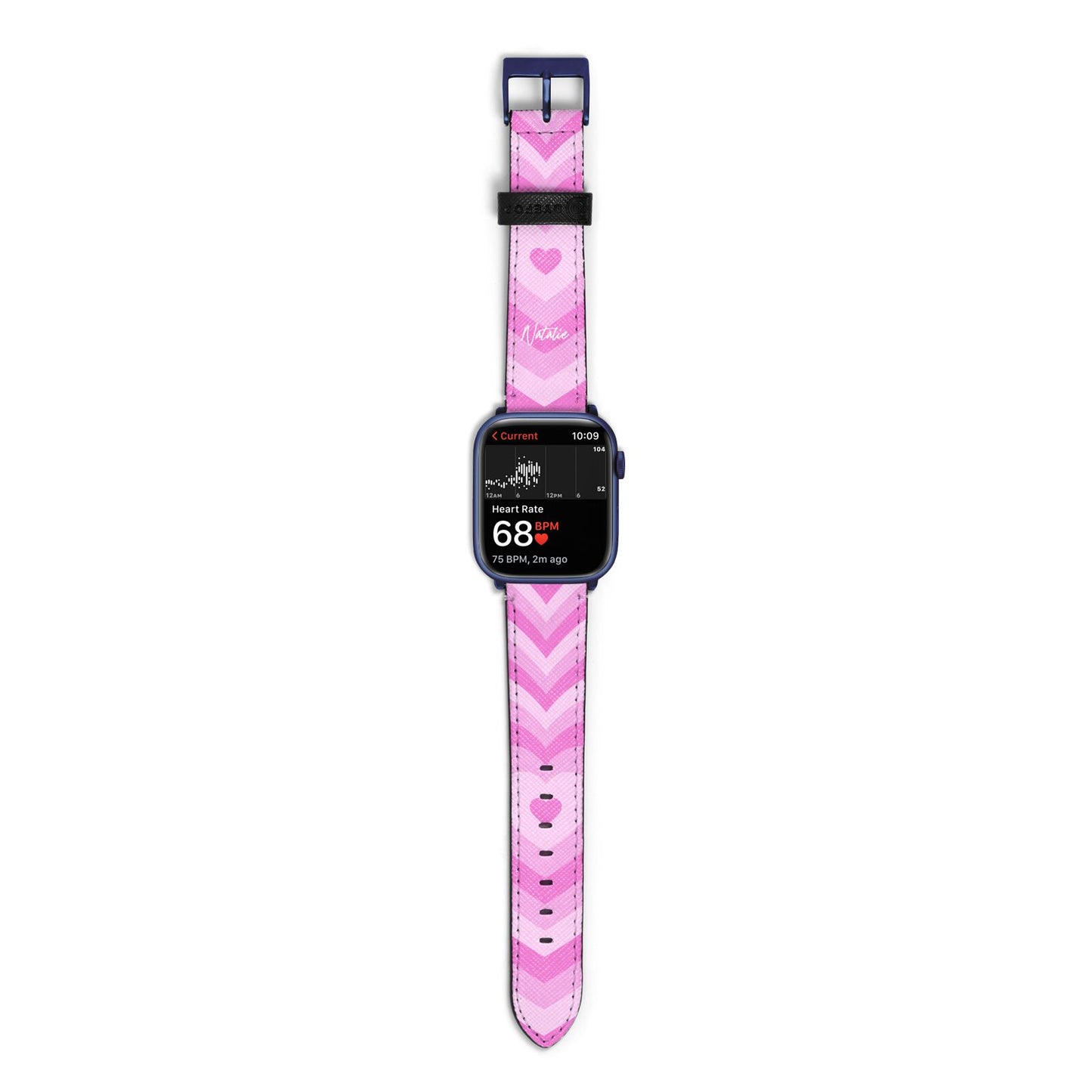 Personalised Pink Heart Apple Watch Strap Size 38mm with Blue Hardware
