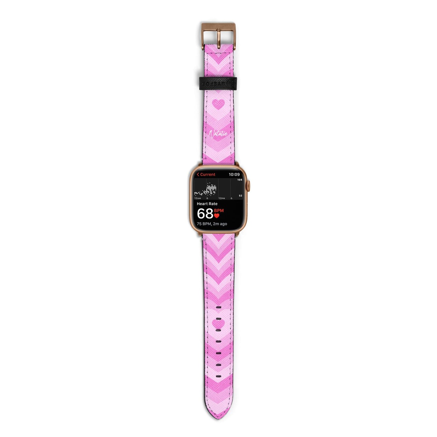 Personalised Pink Heart Apple Watch Strap Size 38mm with Gold Hardware
