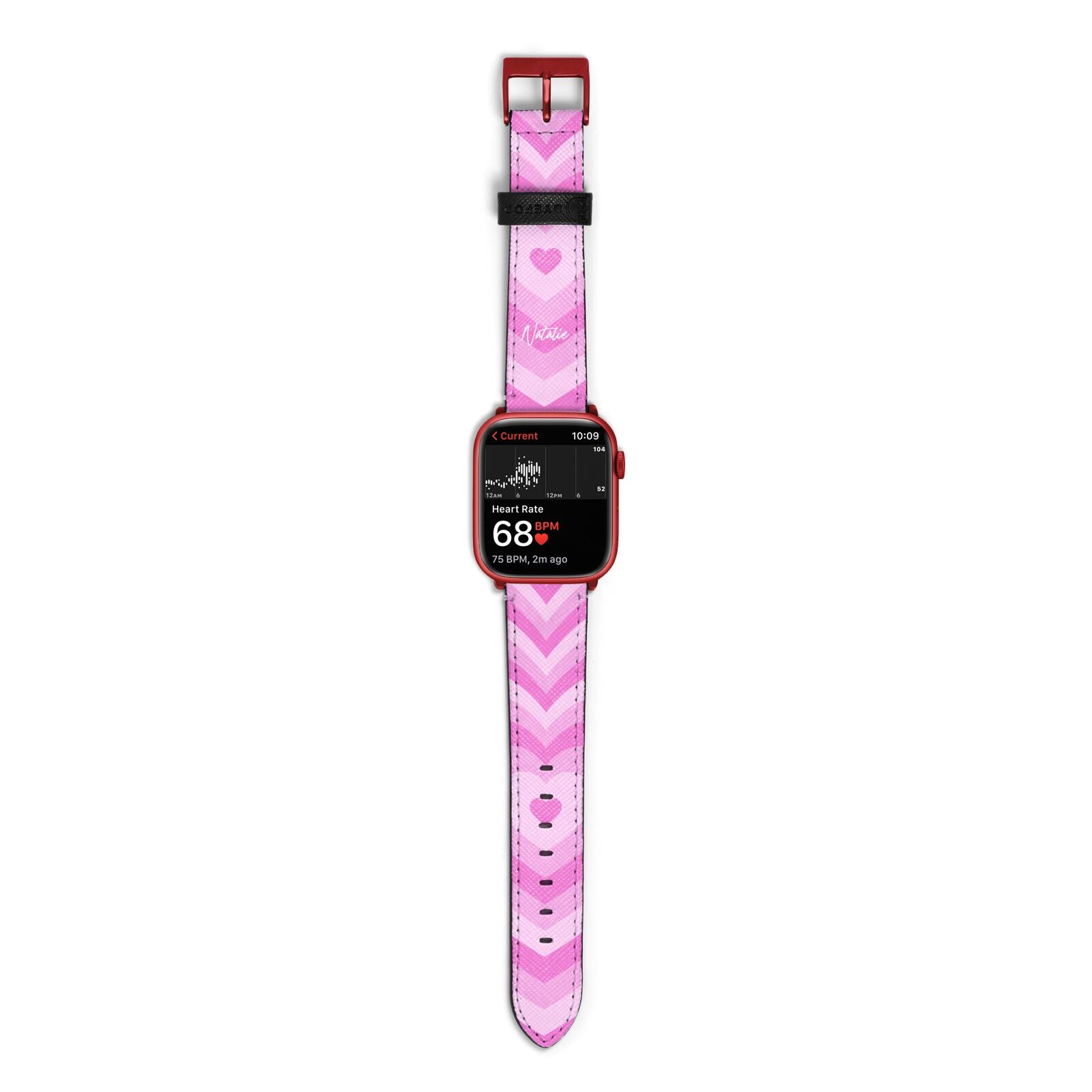 Personalised Pink Heart Apple Watch Strap Size 38mm with Red Hardware