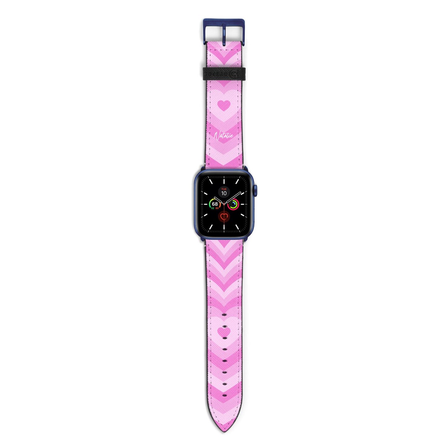 Personalised Pink Heart Apple Watch Strap with Blue Hardware