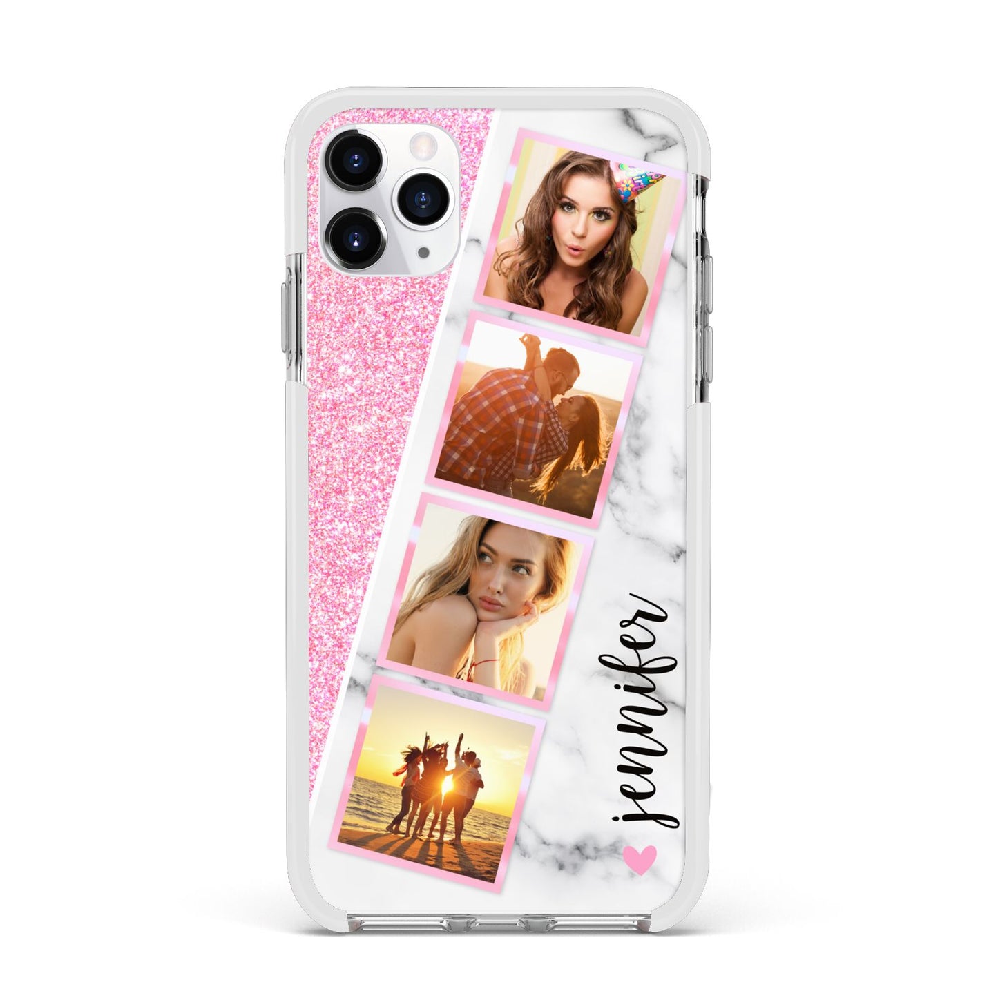 Personalised Pink Marble Photo Strip Apple iPhone 11 Pro Max in Silver with White Impact Case