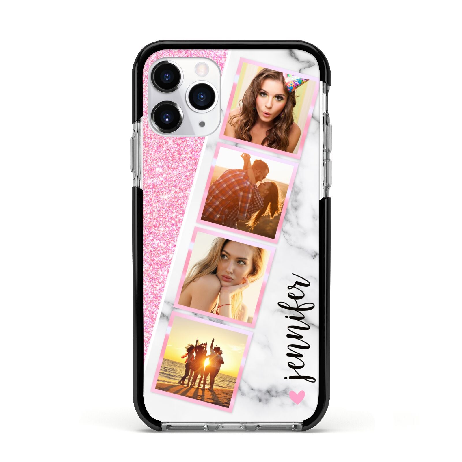 Personalised Pink Marble Photo Strip Apple iPhone 11 Pro in Silver with Black Impact Case