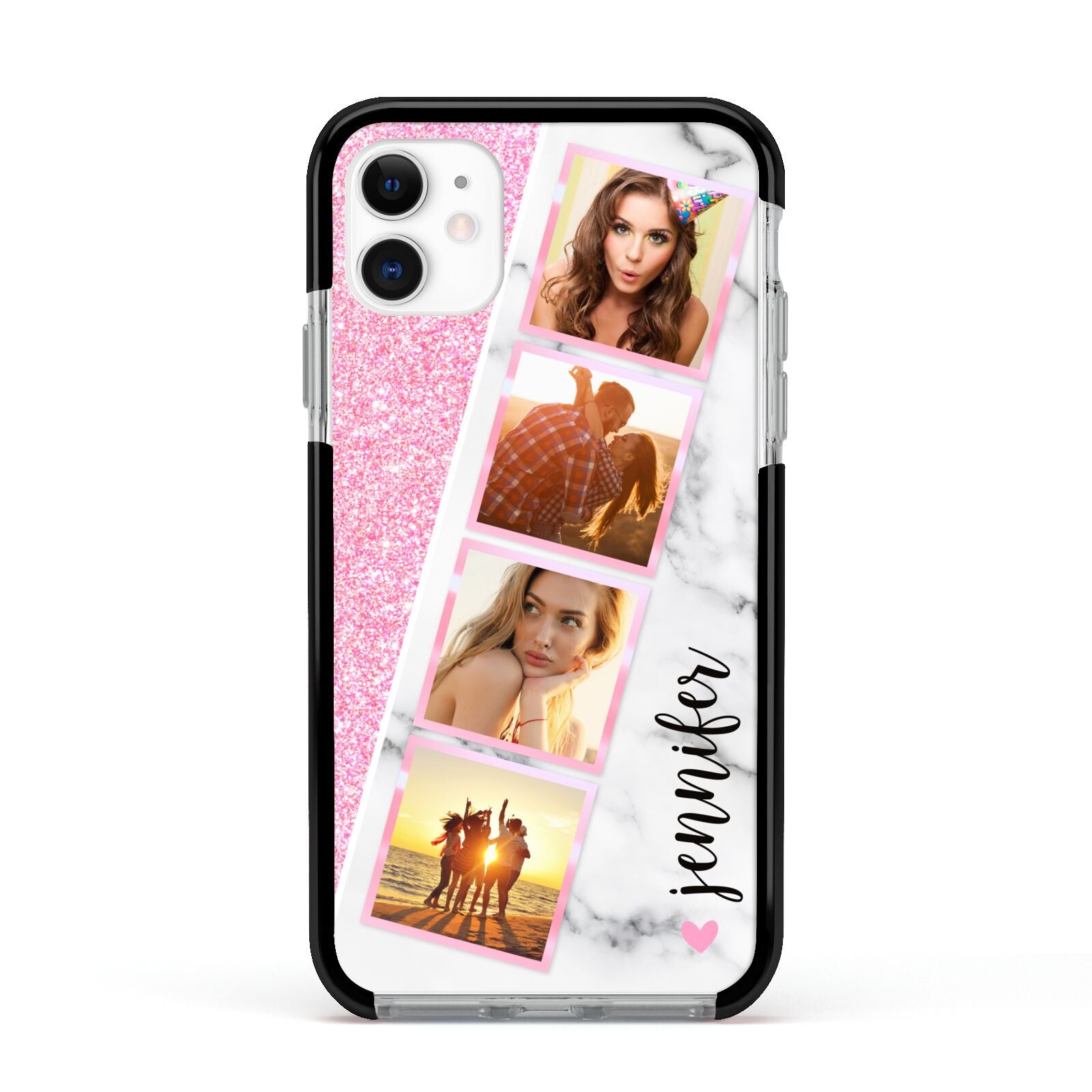Personalised Pink Marble Photo Strip Apple iPhone 11 in White with Black Impact Case