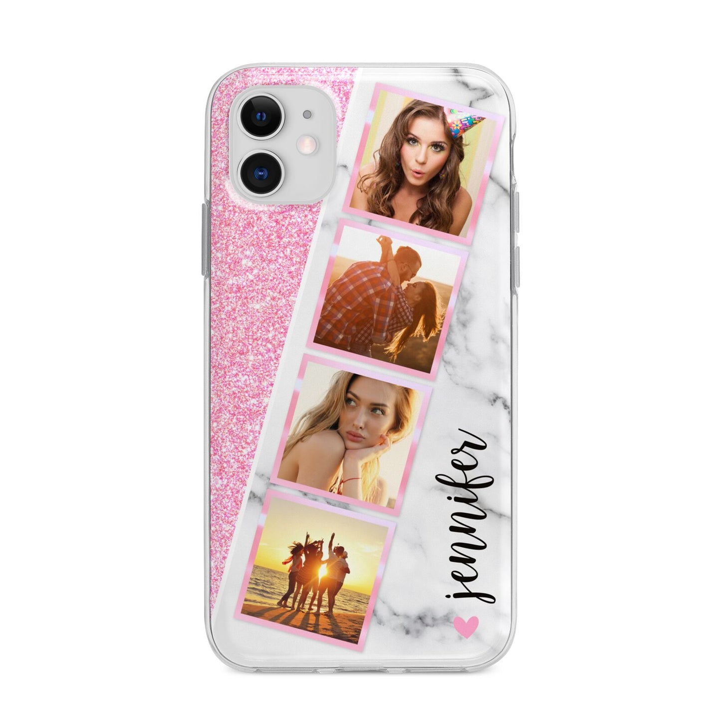 Personalised Pink Marble Photo Strip Apple iPhone 11 in White with Bumper Case