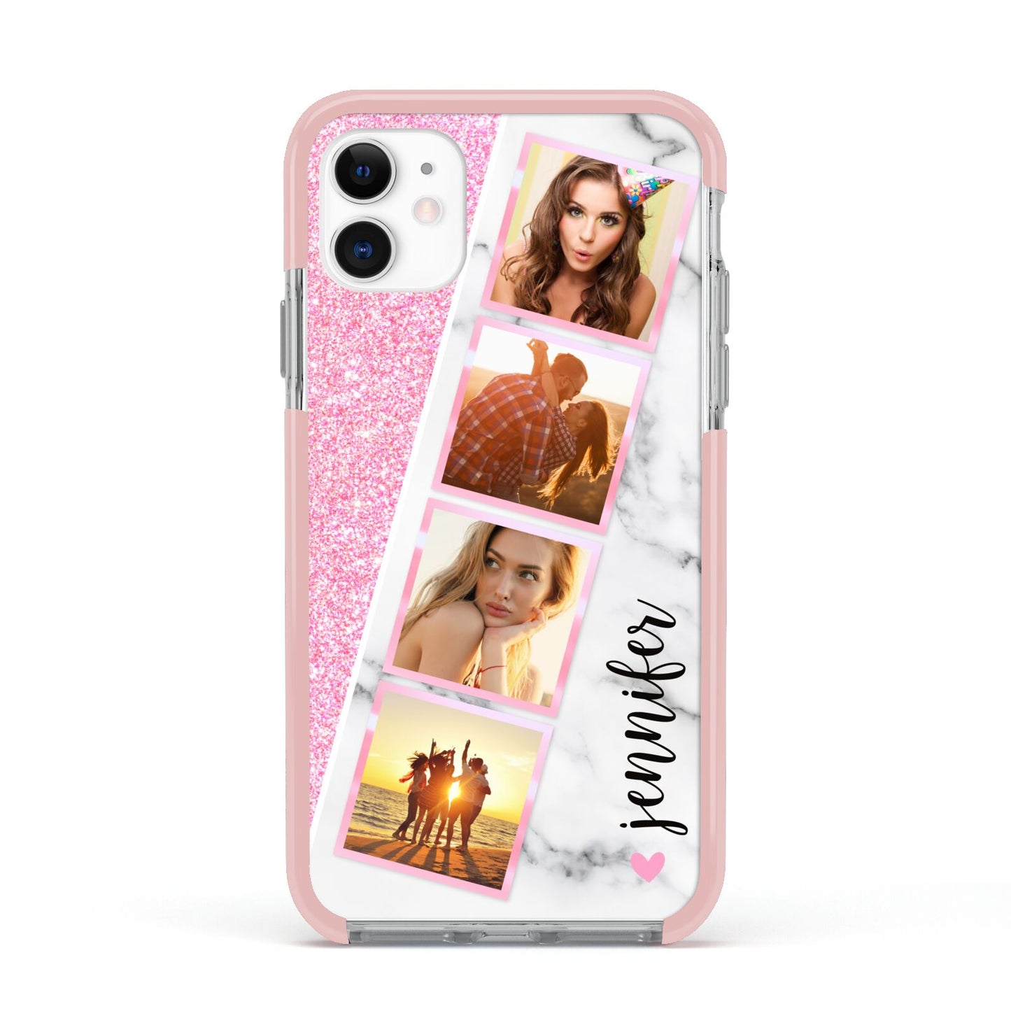 Personalised Pink Marble Photo Strip Apple iPhone 11 in White with Pink Impact Case