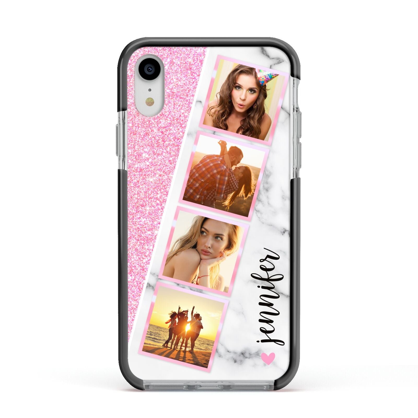 Personalised Pink Marble Photo Strip Apple iPhone XR Impact Case Black Edge on Silver Phone